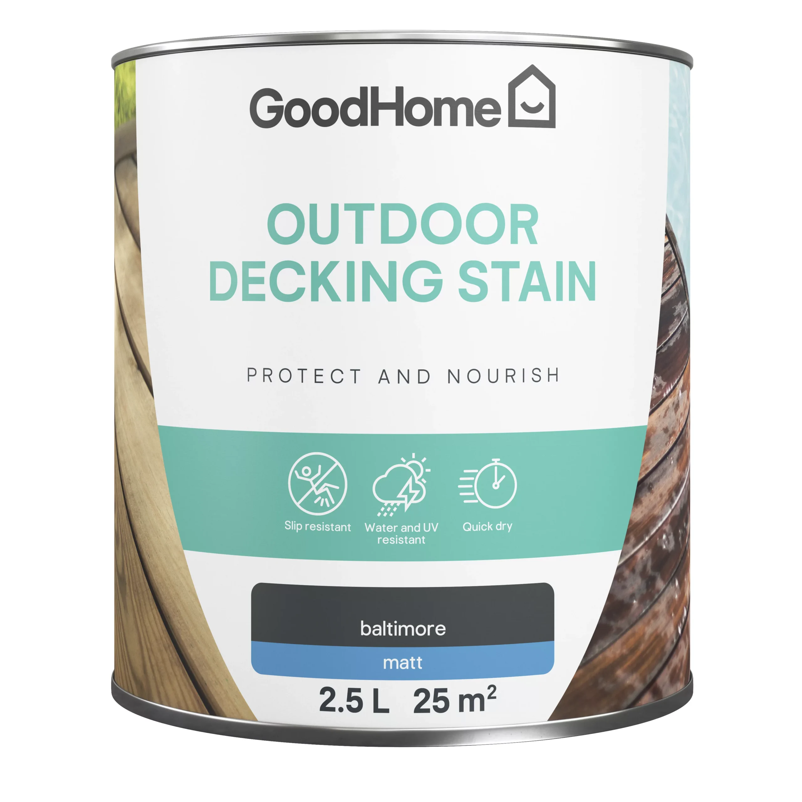 GoodHome Baltimore Matt Quick dry Decking Wood stain, 2.5L GoodHome Baltimore Matt Quick Dry Decking Wood Stain, 2.5L -trade point store goodhome baltimore matt quick dry decking wood stain 2 5l5059340297187 02c scaled