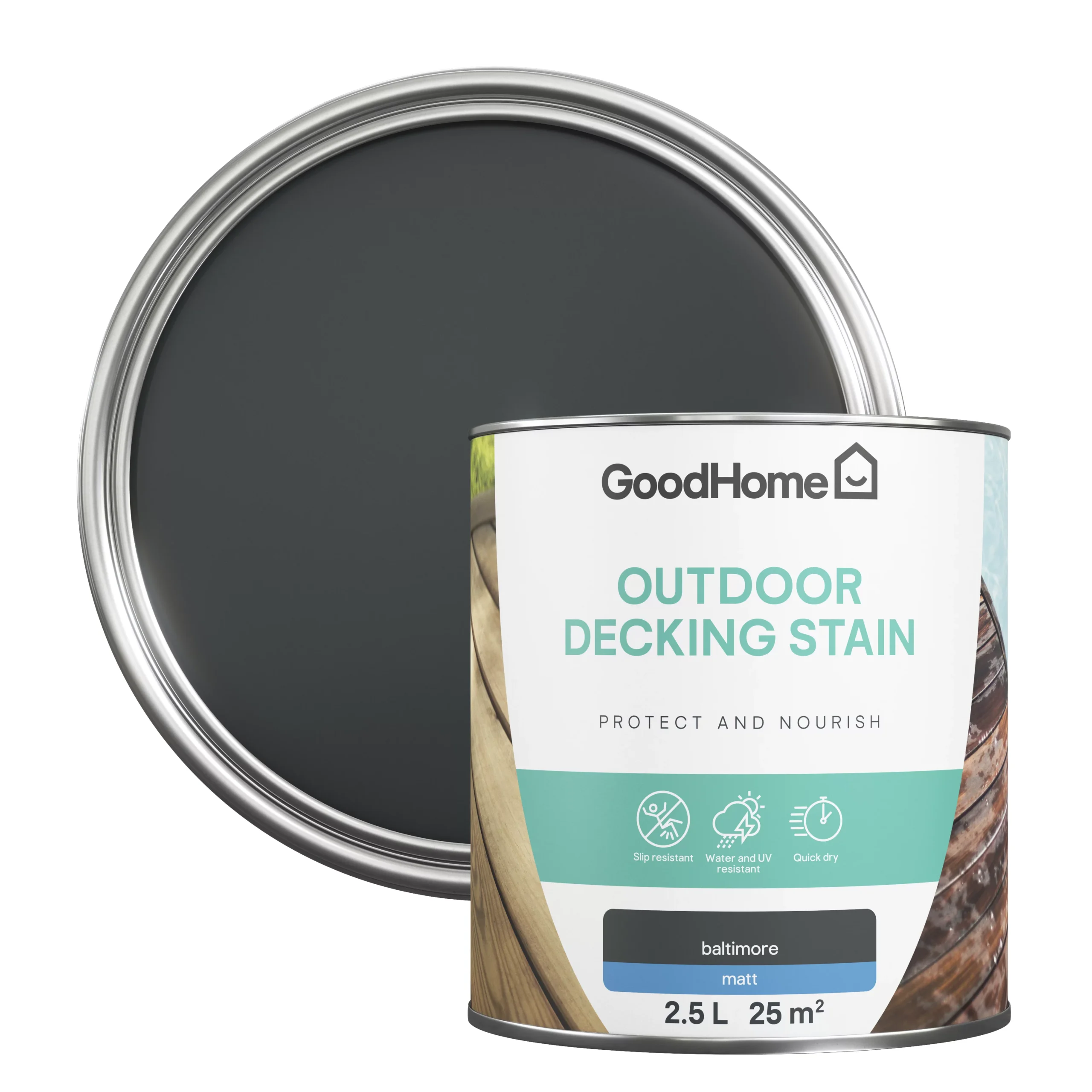 GoodHome Baltimore Matt Quick dry Decking Wood stain, 2.5L GoodHome Baltimore Matt Quick Dry Decking Wood Stain, 2.5L -trade point store goodhome baltimore matt quick dry decking wood stain 2 5l5059340297187 21c scaled