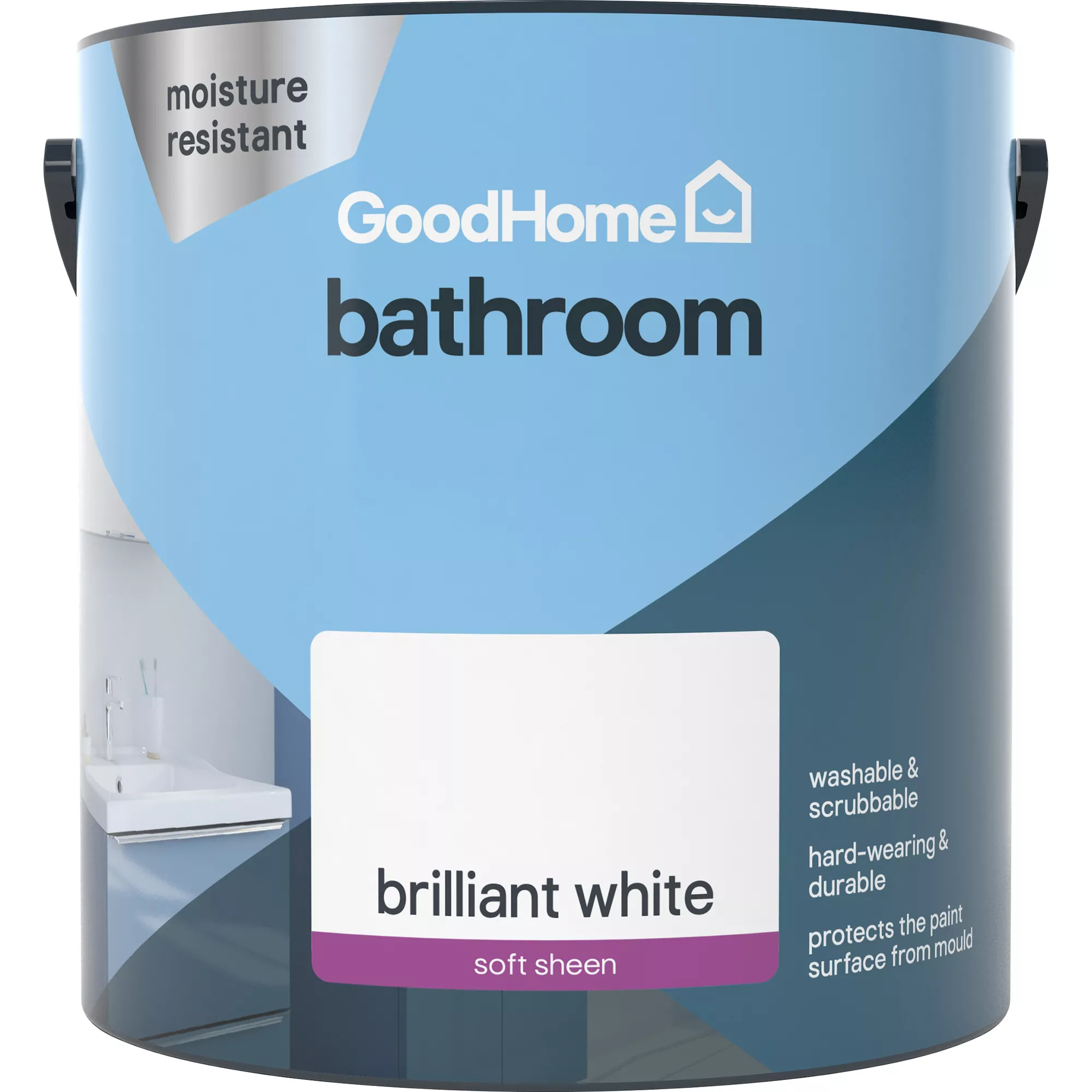 GoodHome Bathroom Brilliant white Soft sheen Emulsion paint, 2.5L GoodHome Bathroom Brilliant White Soft Sheen Emulsion Paint, 2.5L -trade point store goodhome bathroom brilliant white soft sheen emulsion paint 2 5l5059340232072 02c