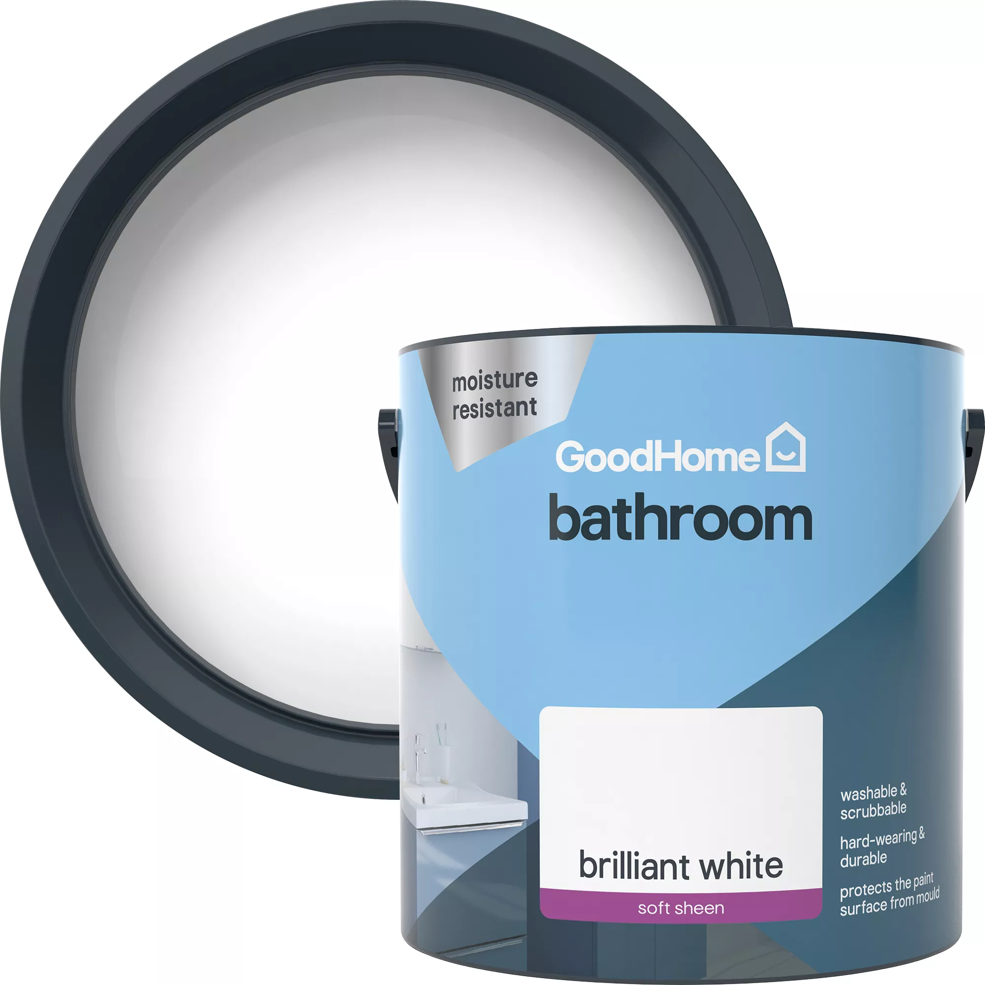 GoodHome Bathroom Brilliant white Soft sheen Emulsion paint, 2.5L GoodHome Bathroom Brilliant White Soft Sheen Emulsion Paint, 2.5L -trade point store goodhome bathroom brilliant white soft sheen emulsion paint 2 5l5059340232072 37c