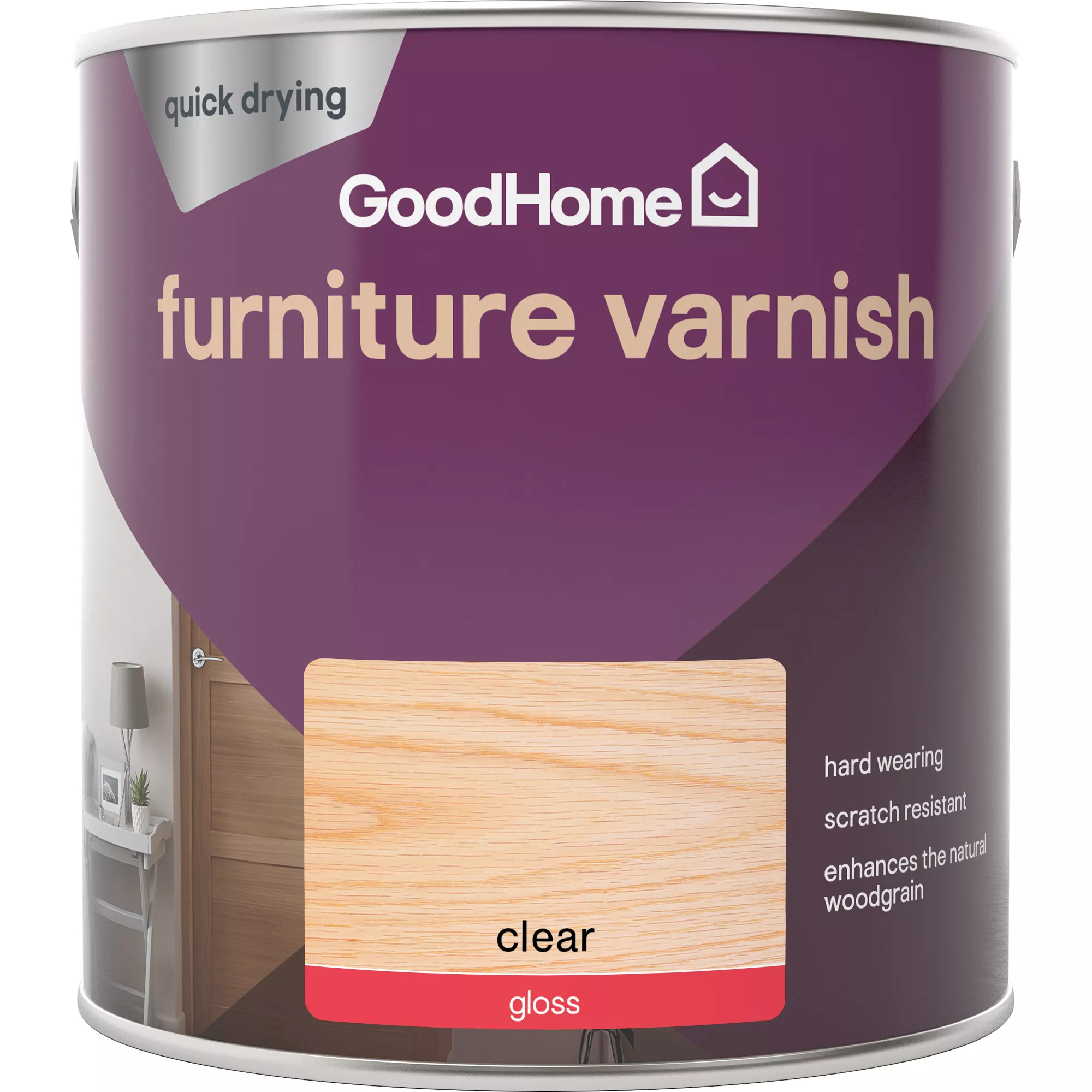 GoodHome Clear Gloss Multi-surface Furniture Wood varnish, 2.5L GoodHome Clear Gloss Multi-surface Furniture Wood Varnish, 2.5L -trade point store goodhome clear gloss multi surface furniture wood varnish 2 5l5059340486611 02c