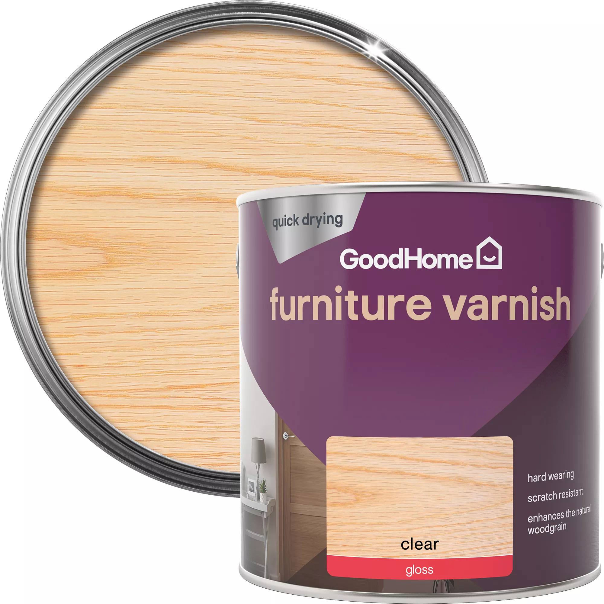 GoodHome Clear Gloss Multi-surface Furniture Wood varnish, 2.5L GoodHome Clear Gloss Multi-surface Furniture Wood Varnish, 2.5L -trade point store goodhome clear gloss multi surface furniture wood varnish 2 5l5059340486611 21c