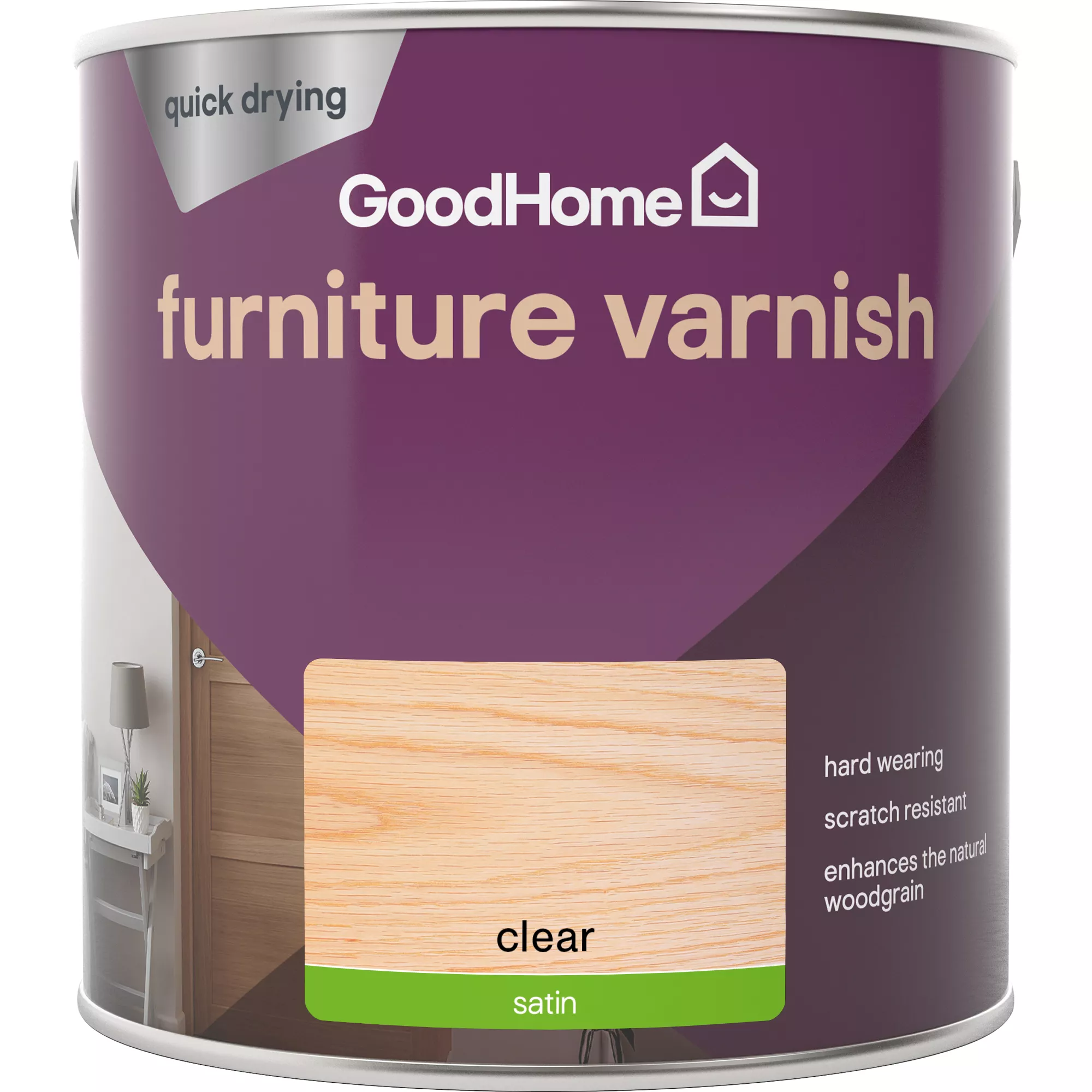 GoodHome Clear Satin Multi-surface Furniture Wood varnish, 2.5L GoodHome Clear Satin Multi-surface Furniture Wood Varnish, 2.5L -trade point store goodhome clear satin multi surface furniture wood varnish 2 5l5059340486604 02c