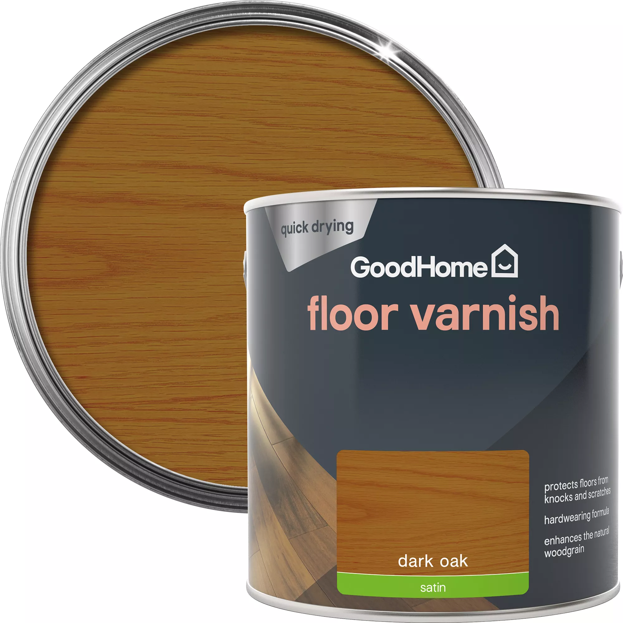 GoodHome Dark Oak Satin Floor Wood varnish, 2.5L GoodHome Dark Oak Satin Floor Wood Varnish, 2.5L -trade point store goodhome dark oak satin floor wood varnish 2 5l5059340486970 21c