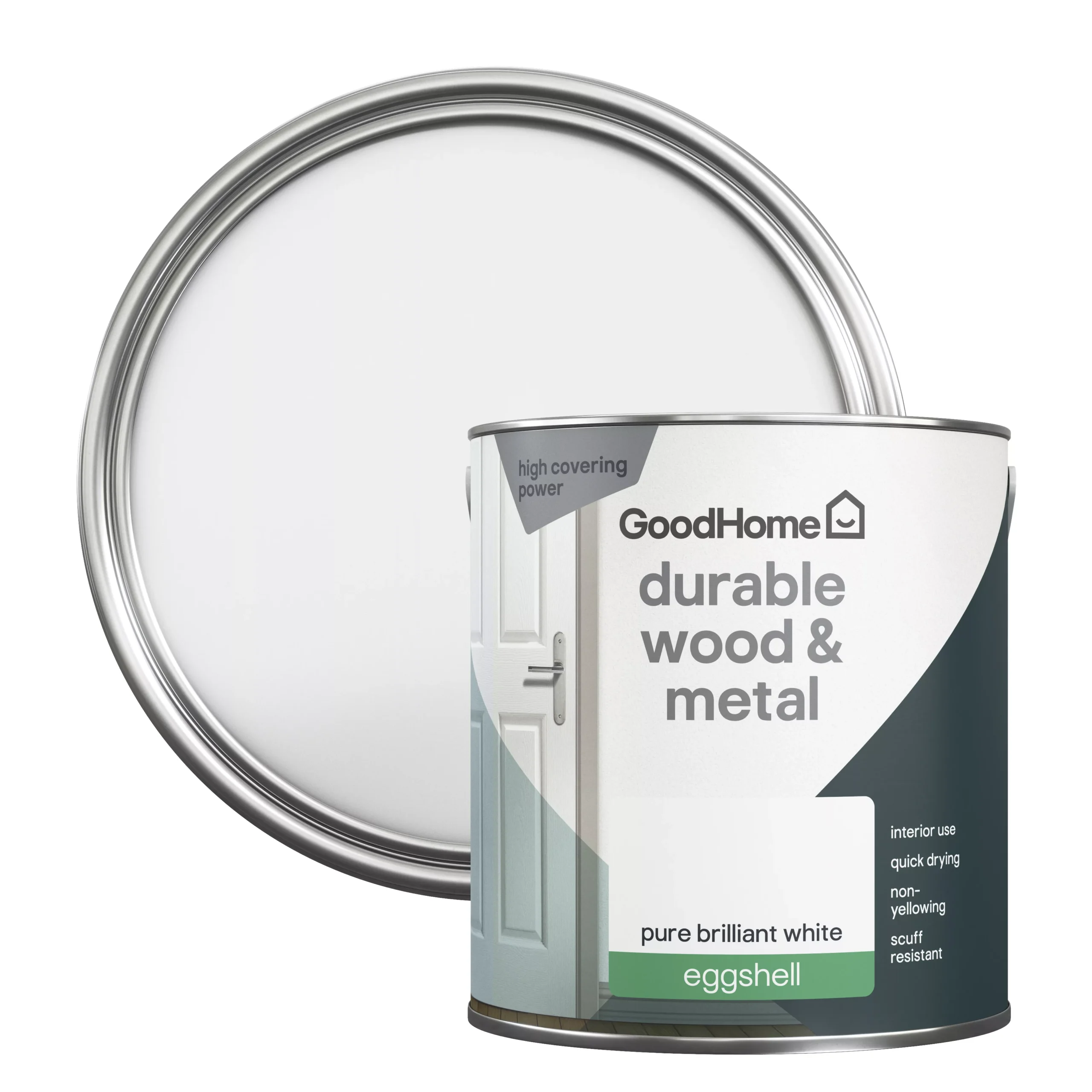 GoodHome Durable Pure Brilliant White Eggshell Metal & wood paint, 2.5L GoodHome Durable Pure Brilliant White Eggshell Metal & Wood Paint, 2.5L -trade point store goodhome durable pure brilliant white eggshell metal wood paint 2 5l5059340188294 21c scaled