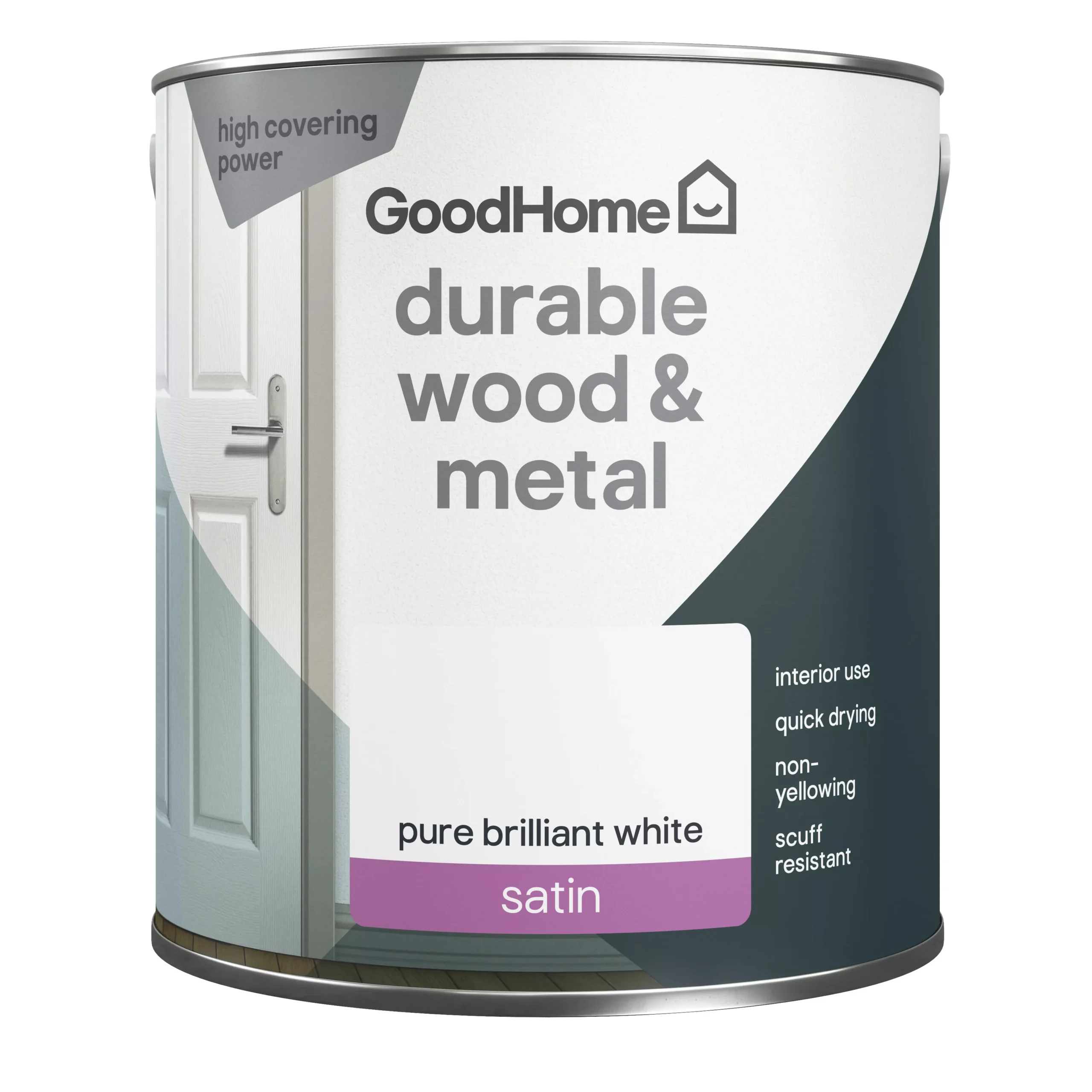 GoodHome Durable Pure Brilliant White Satinwood Metal & wood paint, 2.5L GoodHome Durable Pure Brilliant White Satinwood Metal & Wood Paint, 2.5L -trade point store goodhome durable pure brilliant white satinwood metal wood paint 2 5l5059340188317 02c scaled