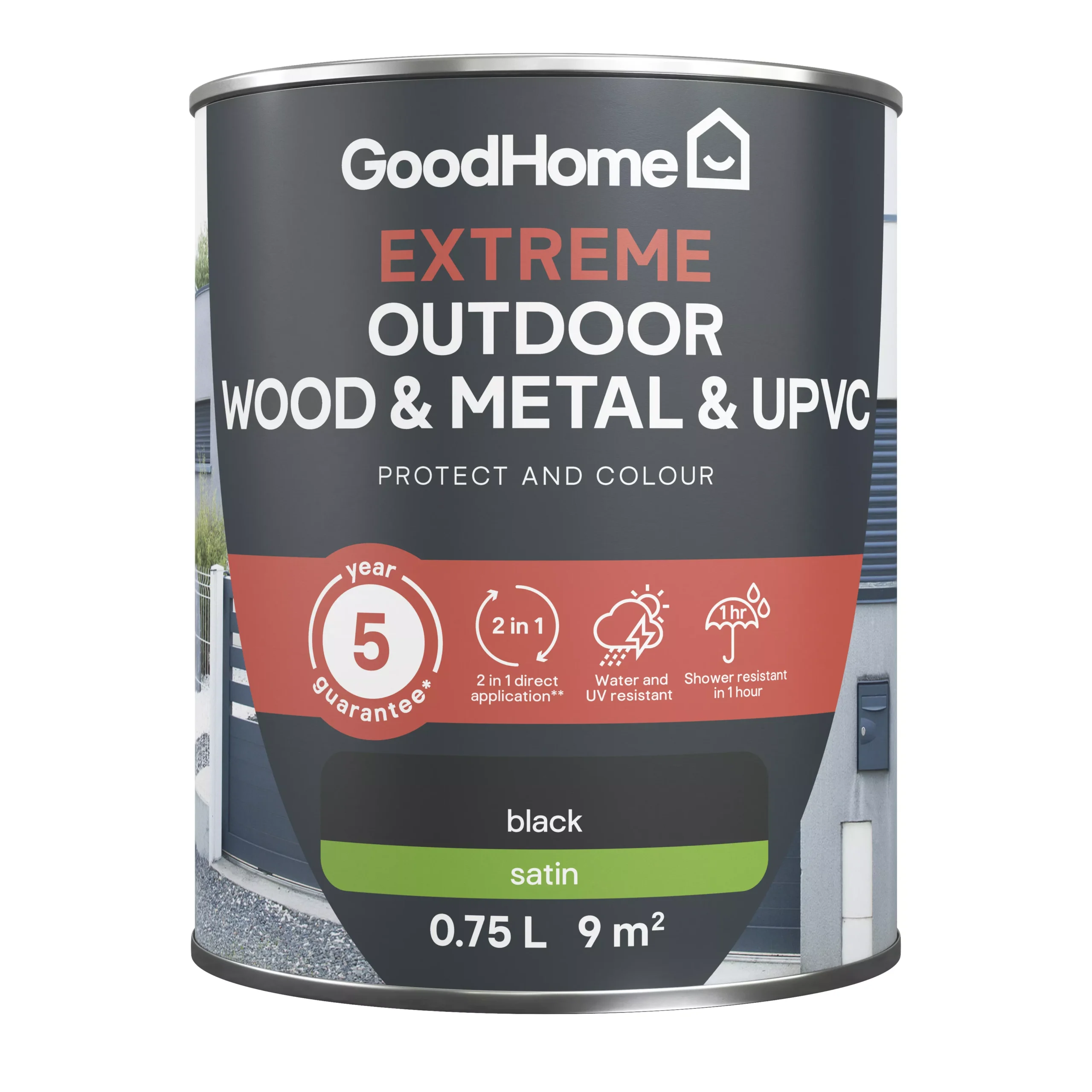 GoodHome Extreme Outdoor Black Satinwood Multi-surface paint, 750ml GoodHome Extreme Outdoor Black Satinwood Multi-surface Paint, 750ml -trade point store goodhome extreme outdoor black satinwood multi surface paint 750ml5059340297026 02c scaled