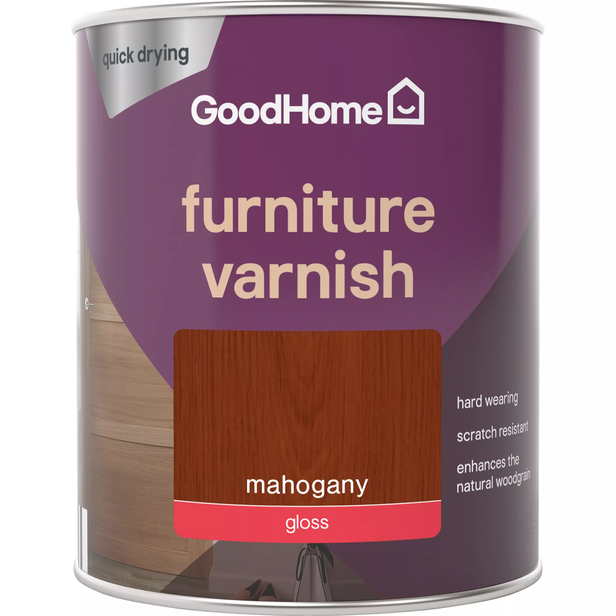 GoodHome Mahogany Gloss Multi-surface Furniture Wood varnish, 750ml GoodHome Mahogany Gloss Multi-surface Furniture Wood Varnish, 750ml -trade point store goodhome mahogany gloss multi surface furniture wood varnish 750ml5059340486918 02c