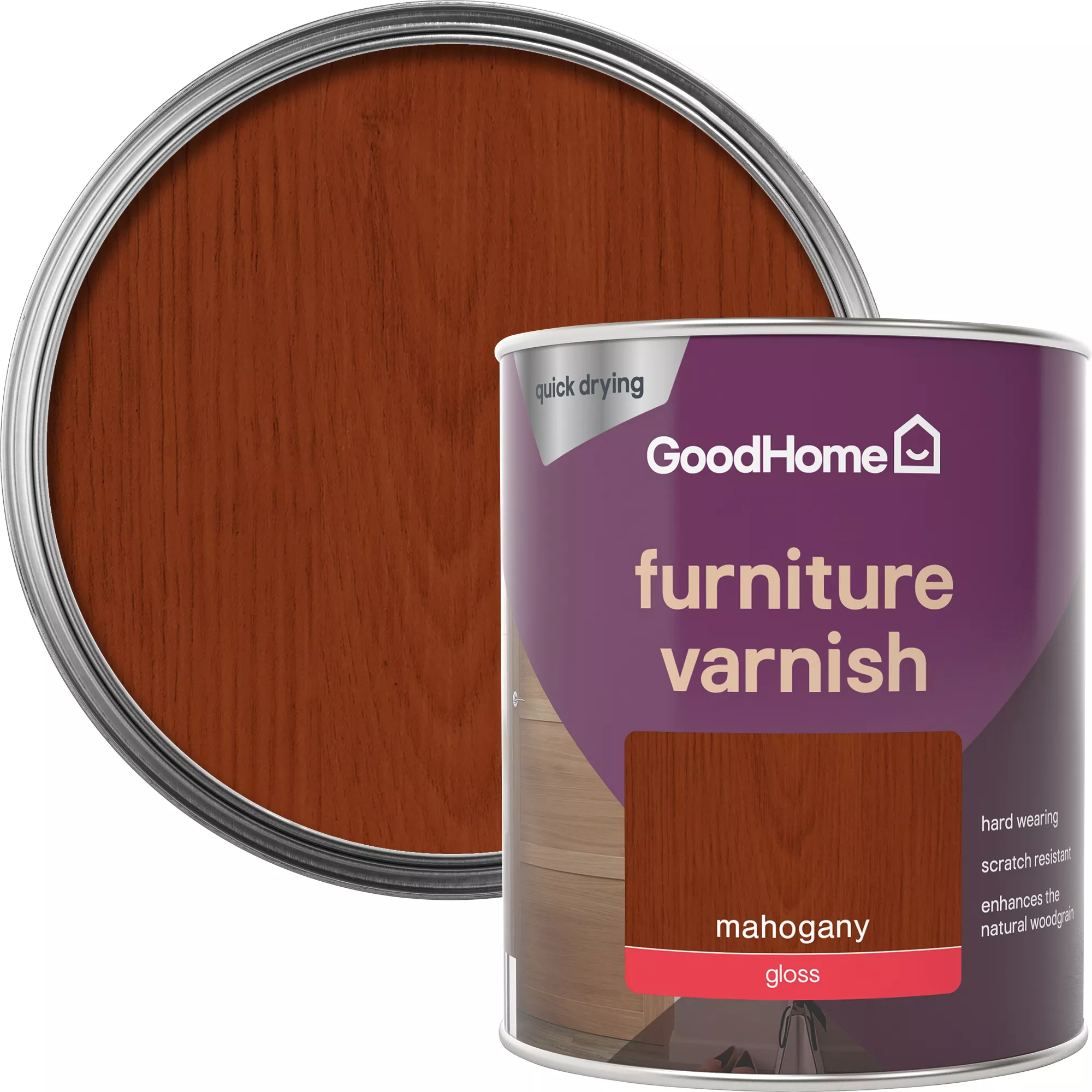GoodHome Mahogany Gloss Multi-surface Furniture Wood varnish, 750ml GoodHome Mahogany Gloss Multi-surface Furniture Wood Varnish, 750ml -trade point store goodhome mahogany gloss multi surface furniture wood varnish 750ml5059340486918 21c