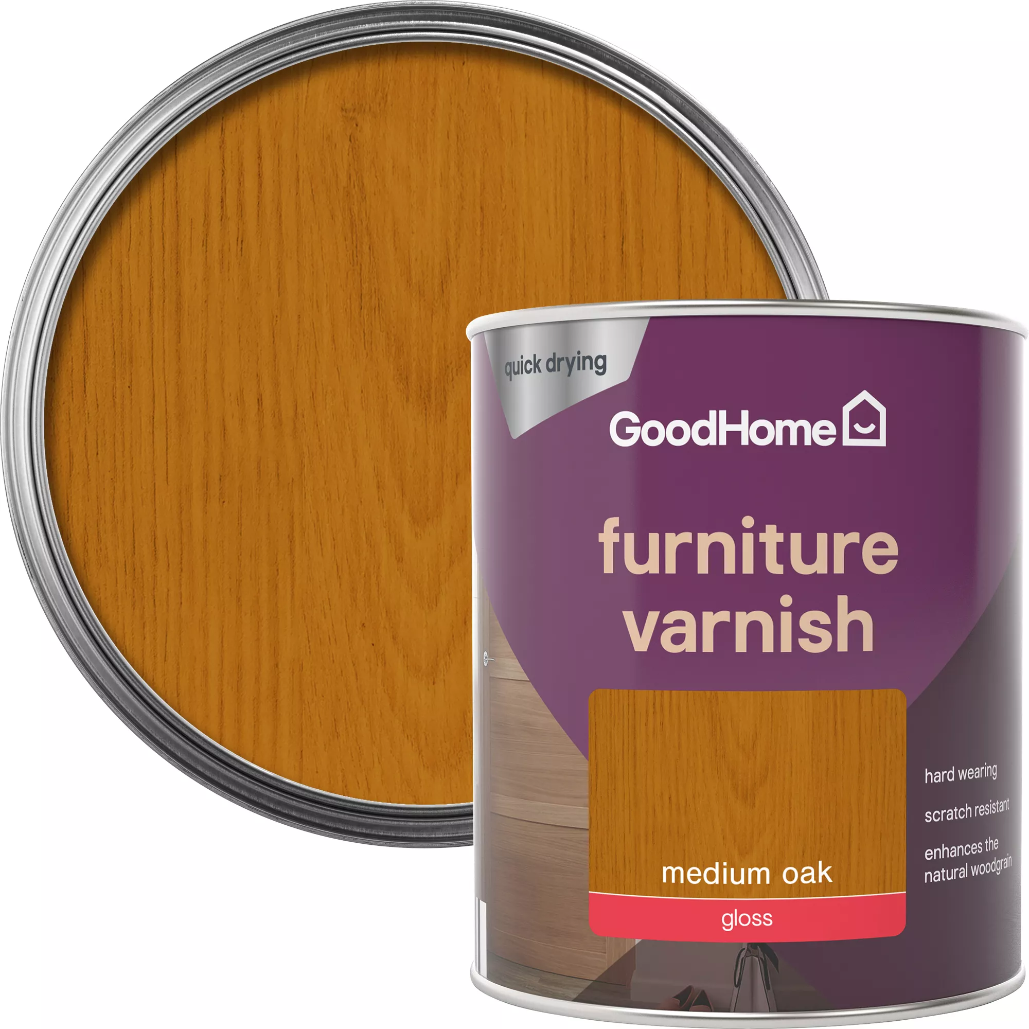 GoodHome Medium Oak Gloss Multi-surface Furniture Wood varnish, 750ml GoodHome Medium Oak Gloss Multi-surface Furniture Wood Varnish, 750ml -trade point store goodhome medium oak gloss multi surface furniture wood varnish 750ml5059340486871 21c