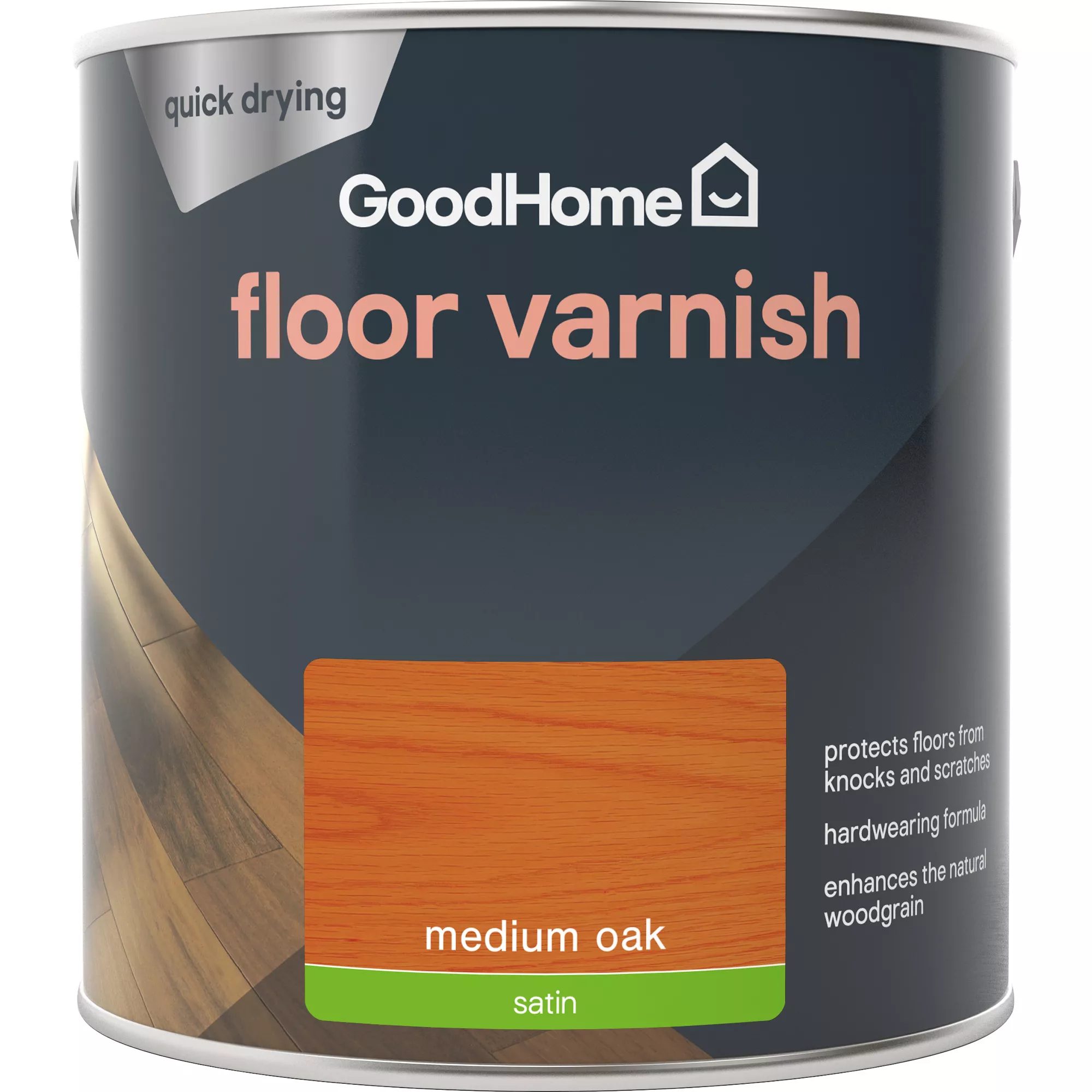 GoodHome Medium Oak Satin Floor Wood varnish, 2.5L GoodHome Medium Oak Satin Floor Wood Varnish, 2.5L -trade point store goodhome medium oak satin floor wood varnish 2 5l5059340486963 02c