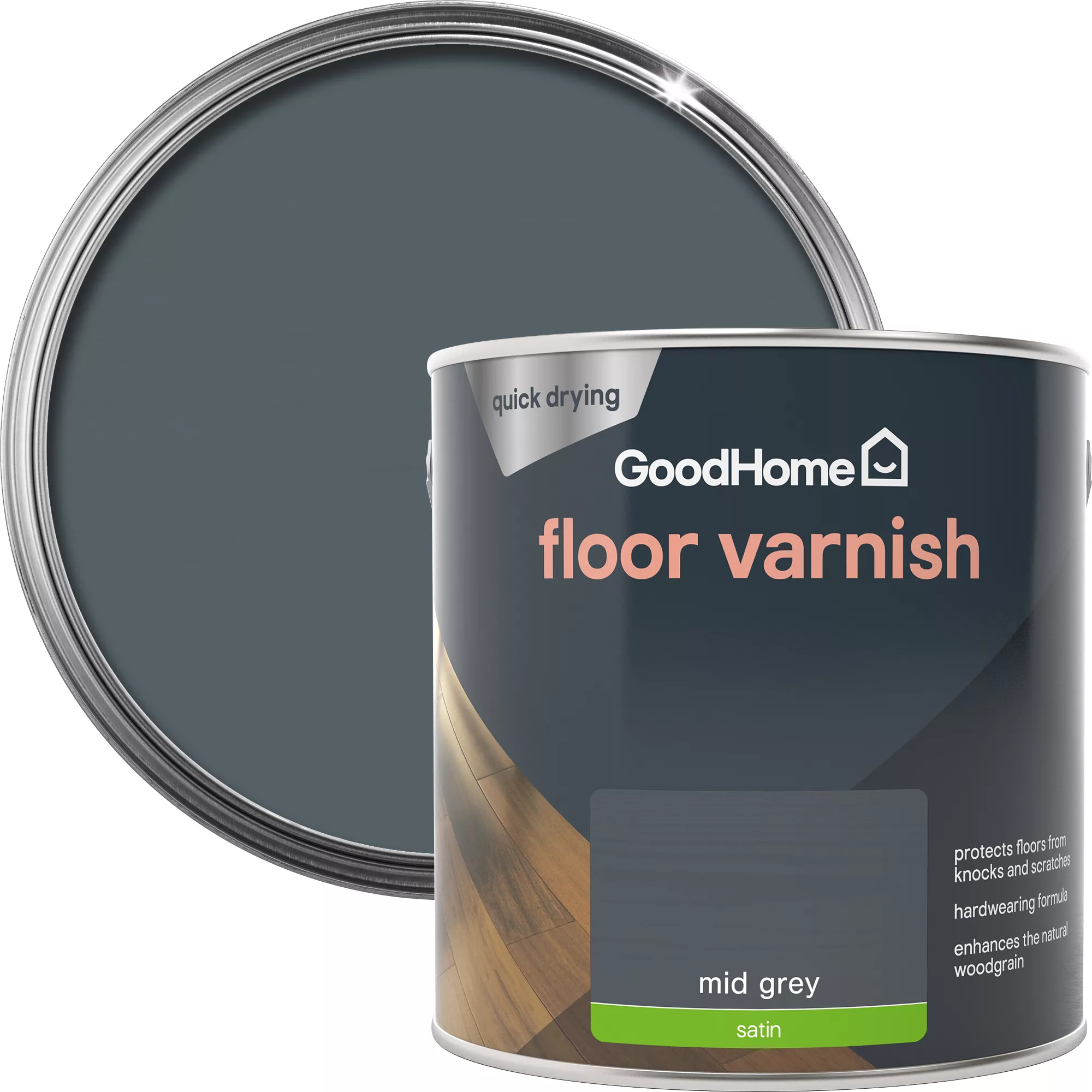 GoodHome Mid Grey Satin Floor Wood varnish, 2.5L GoodHome Mid Grey Satin Floor Wood Varnish, 2.5L -trade point store goodhome mid grey satin floor wood varnish 2 5l5059340487014 21c