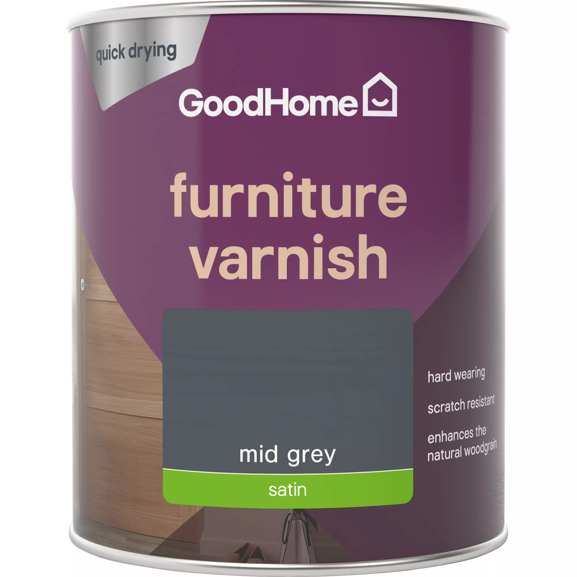 GoodHome Mid Grey Satin Multi-surface Furniture Wood varnish, 750ml GoodHome Mid Grey Satin Multi-surface Furniture Wood Varnish, 750ml -trade point store goodhome mid grey satin multi surface furniture wood varnish 750ml5059340486840 02c