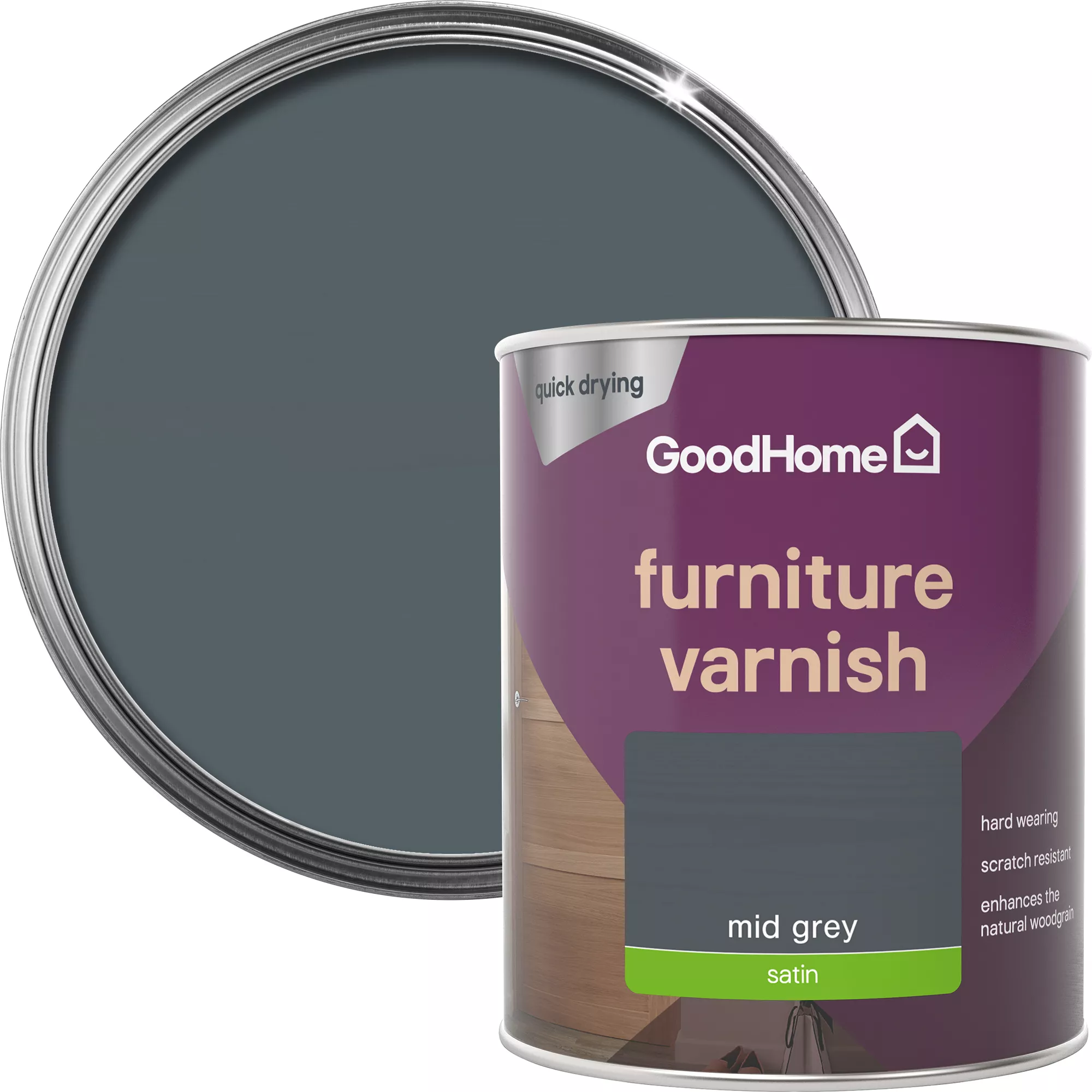 GoodHome Mid Grey Satin Multi-surface Furniture Wood varnish, 750ml GoodHome Mid Grey Satin Multi-surface Furniture Wood Varnish, 750ml -trade point store goodhome mid grey satin multi surface furniture wood varnish 750ml5059340486840 21c