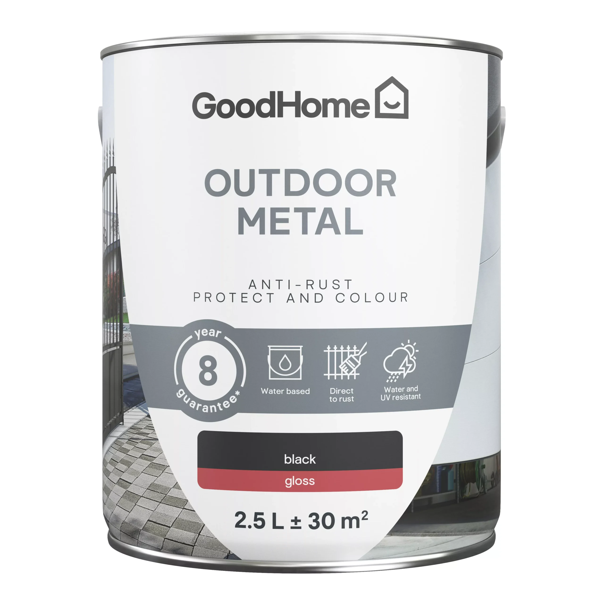 GoodHome Outdoor Black Gloss Exterior Metal paint, 2.5L Tin GoodHome Outdoor Black Gloss Exterior Metal Paint, 2.5L Tin -trade point store goodhome outdoor black gloss exterior metal paint 2 5l tin5059340296074 02c scaled