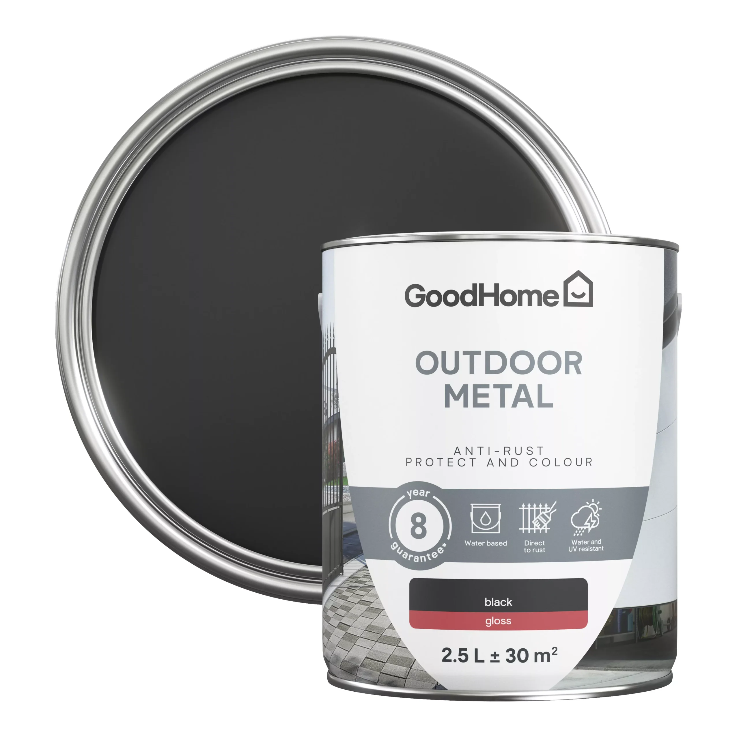 GoodHome Outdoor Black Gloss Exterior Metal paint, 2.5L Tin GoodHome Outdoor Black Gloss Exterior Metal Paint, 2.5L Tin -trade point store goodhome outdoor black gloss exterior metal paint 2 5l tin5059340296074 21c scaled