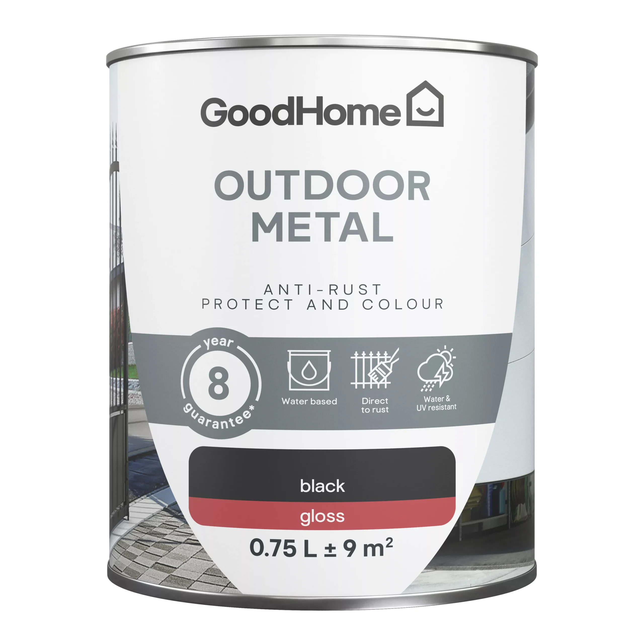 GoodHome Outdoor Black Gloss Exterior Metal paint, 750ml Tin GoodHome Outdoor Black Gloss Exterior Metal Paint, 750ml Tin -trade point store goodhome outdoor black gloss exterior metal paint 750ml tin5059340296029 02c scaled