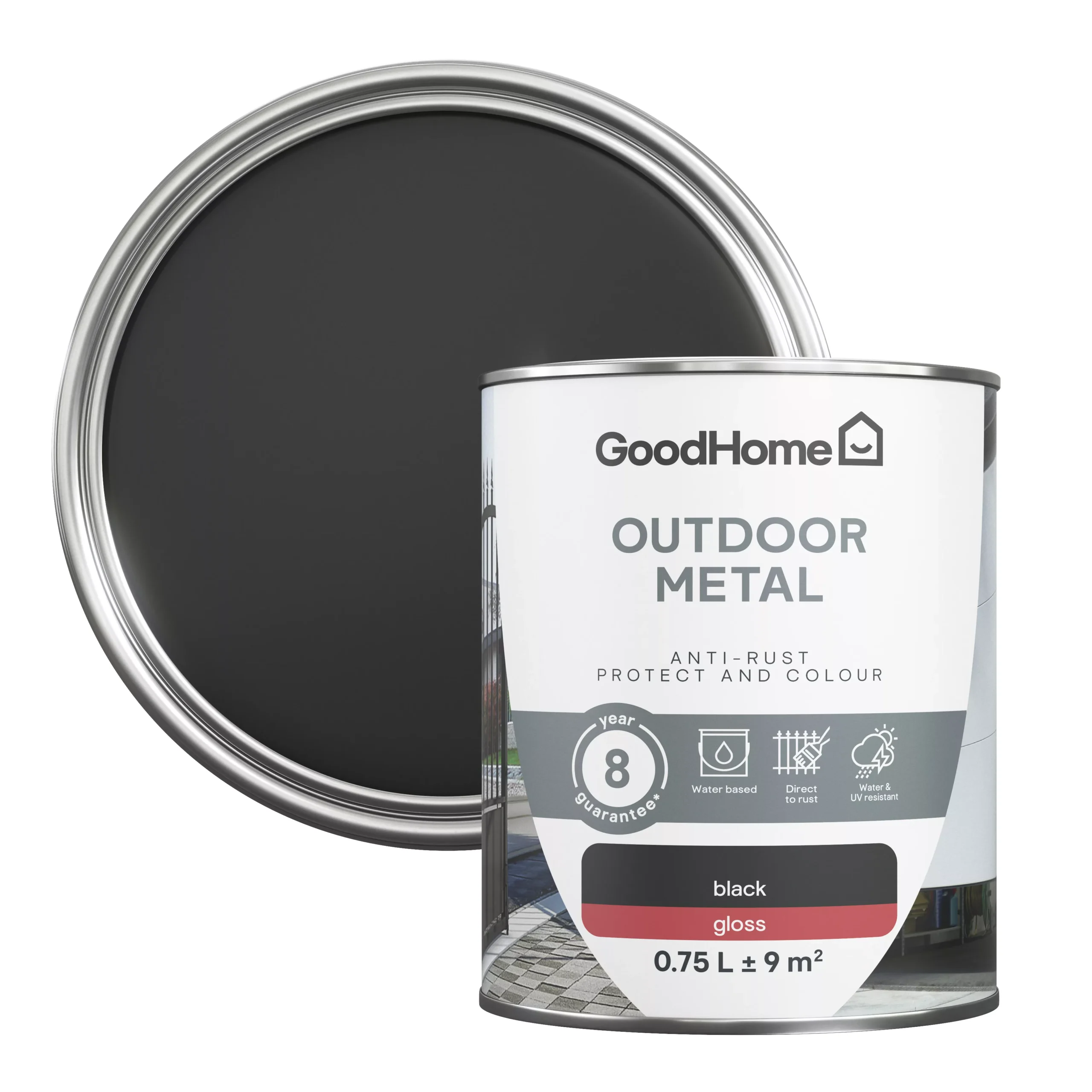 GoodHome Outdoor Black Gloss Exterior Metal paint, 750ml Tin GoodHome Outdoor Black Gloss Exterior Metal Paint, 750ml Tin -trade point store goodhome outdoor black gloss exterior metal paint 750ml tin5059340296029 21c scaled
