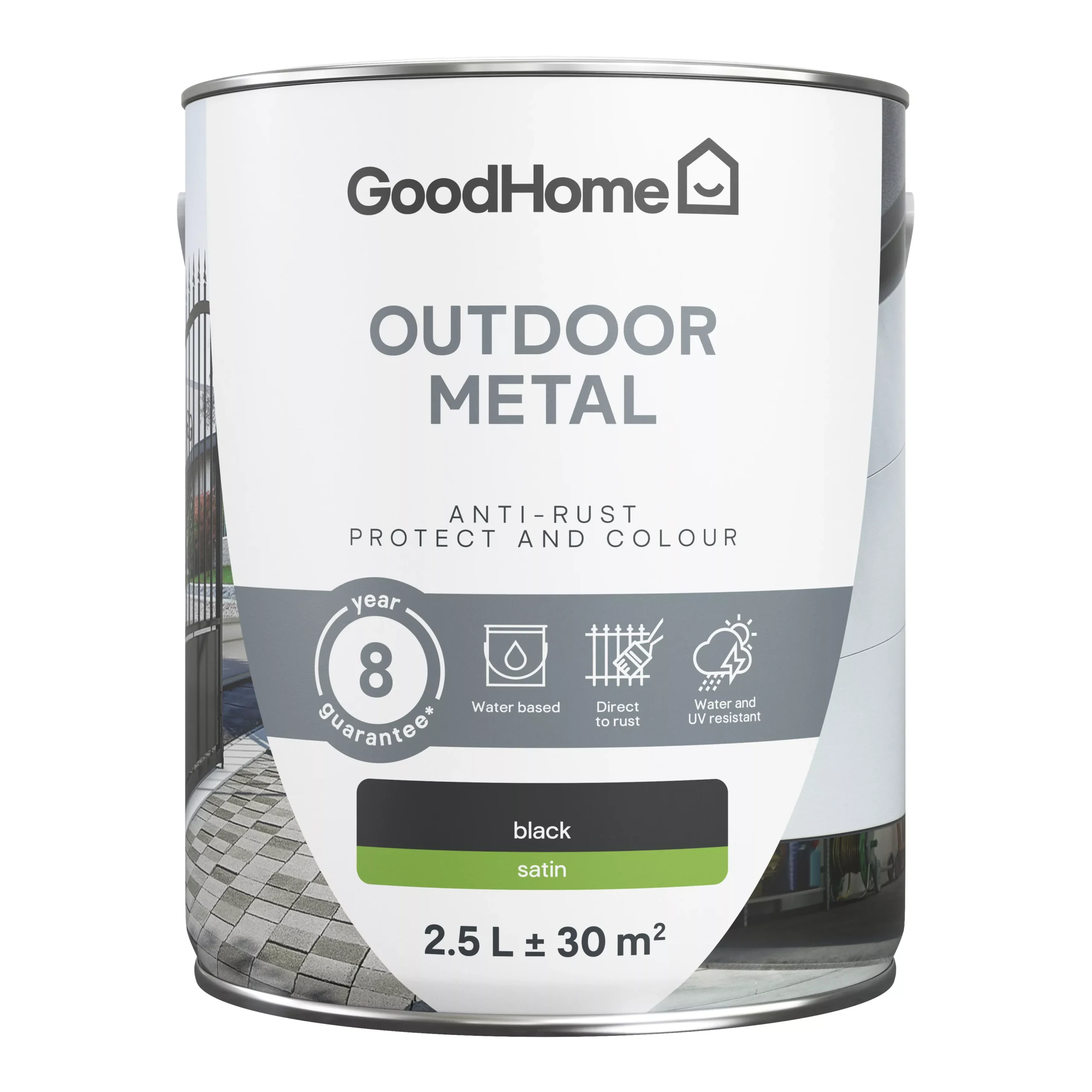 GoodHome Outdoor Black Satinwood Exterior Metal paint, 2.5L Tin GoodHome Outdoor Black Satinwood Exterior Metal Paint, 2.5L Tin -trade point store goodhome outdoor black satinwood exterior metal paint 2 5l tin5059340296104 02c scaled