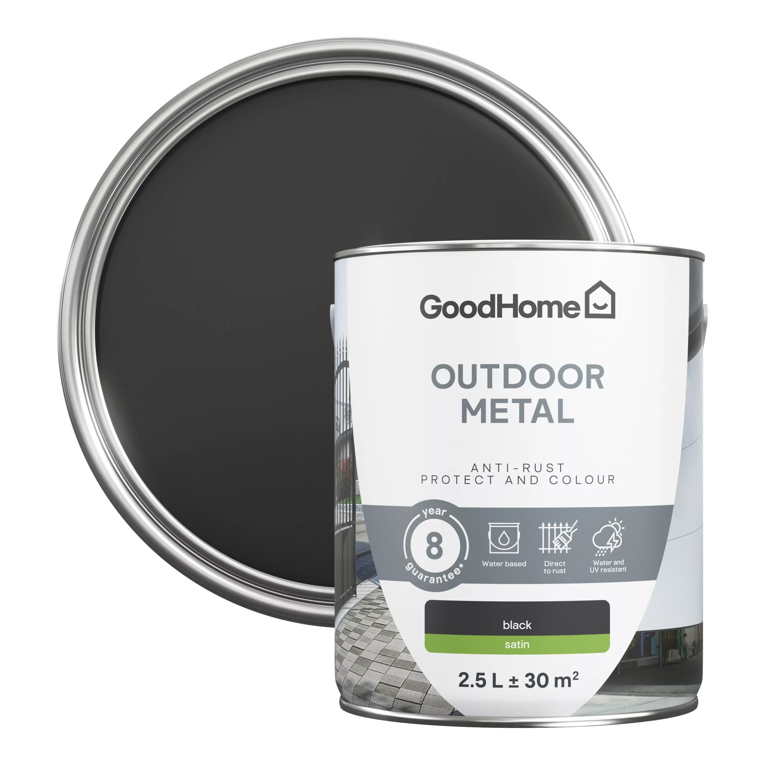 GoodHome Outdoor Black Satinwood Exterior Metal paint, 2.5L Tin GoodHome Outdoor Black Satinwood Exterior Metal Paint, 2.5L Tin -trade point store goodhome outdoor black satinwood exterior metal paint 2 5l tin5059340296104 21c scaled