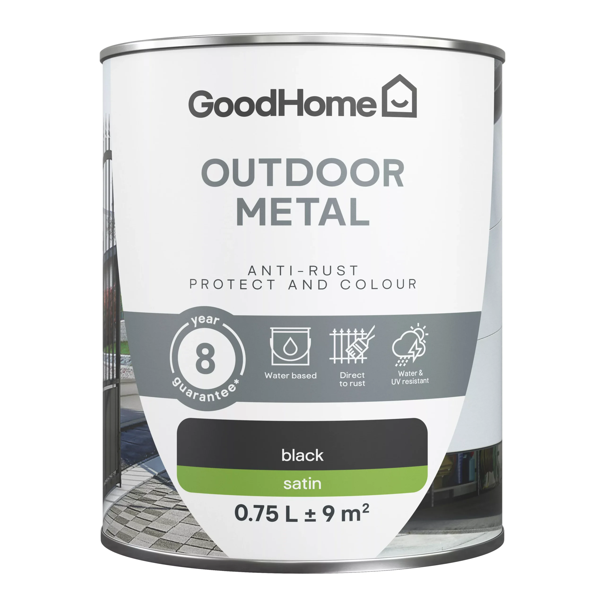 GoodHome Outdoor Black Satinwood Exterior Metal paint, 750ml Tin GoodHome Outdoor Black Satinwood Exterior Metal Paint, 750ml Tin -trade point store goodhome outdoor black satinwood exterior metal paint 750ml tin5059340296050 02c scaled