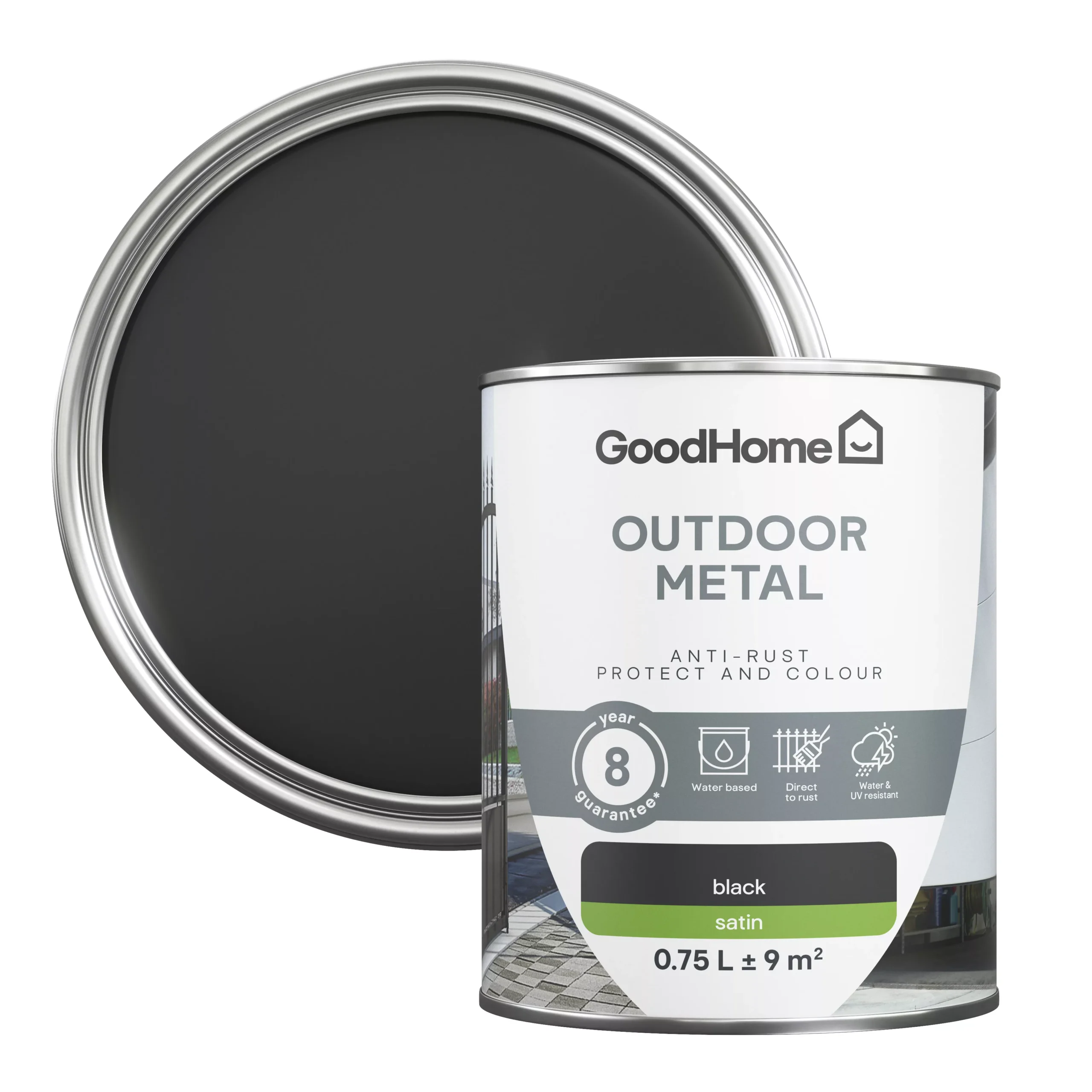 GoodHome Outdoor Black Satinwood Exterior Metal paint, 750ml Tin GoodHome Outdoor Black Satinwood Exterior Metal Paint, 750ml Tin -trade point store goodhome outdoor black satinwood exterior metal paint 750ml tin5059340296050 21c scaled