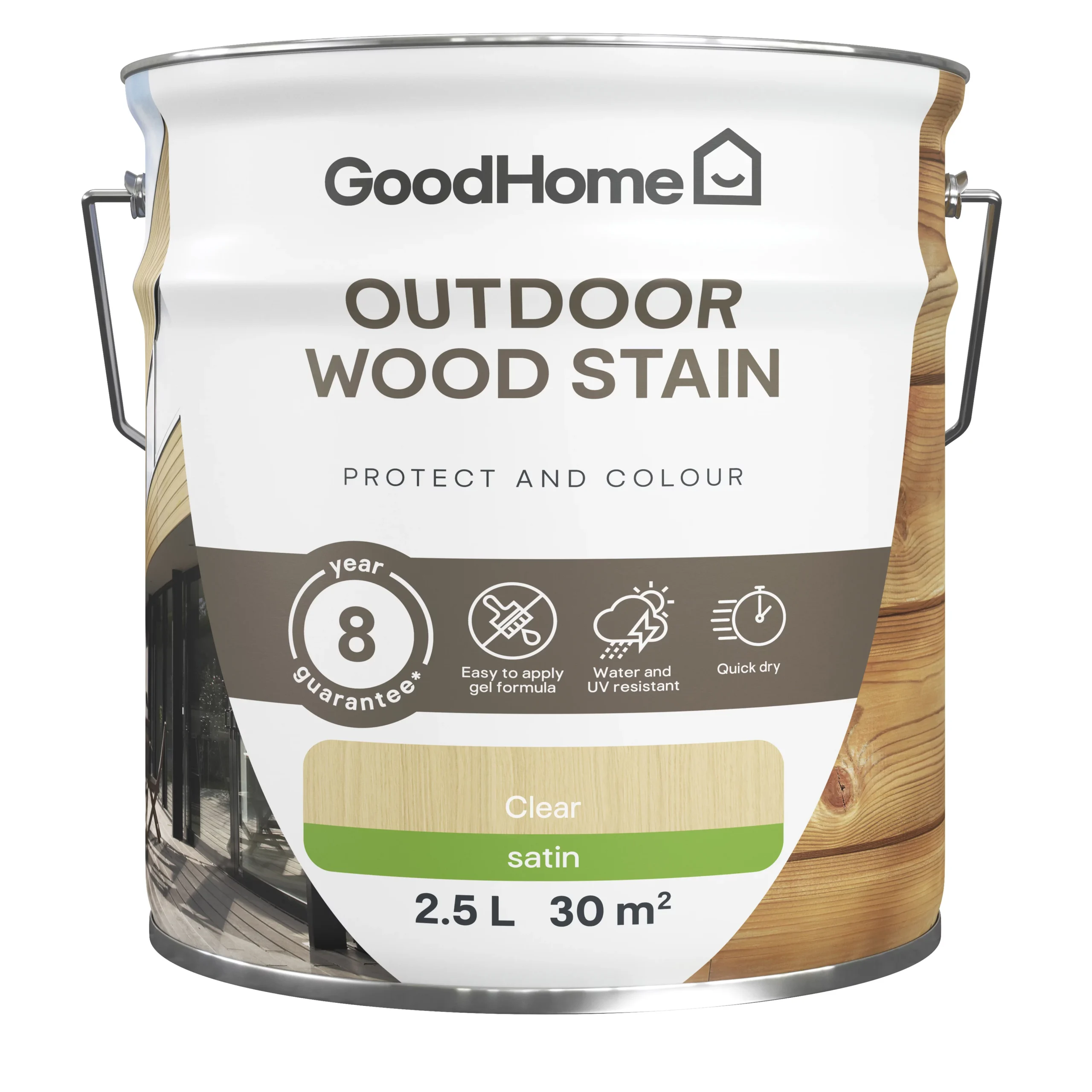 GoodHome Outdoor Clear Satin Quick dry Wood stain, 2.5L GoodHome Outdoor Clear Satin Quick Dry Wood Stain, 2.5L -trade point store goodhome outdoor clear satin quick dry wood stain 2 5l5059340297446 02c scaled