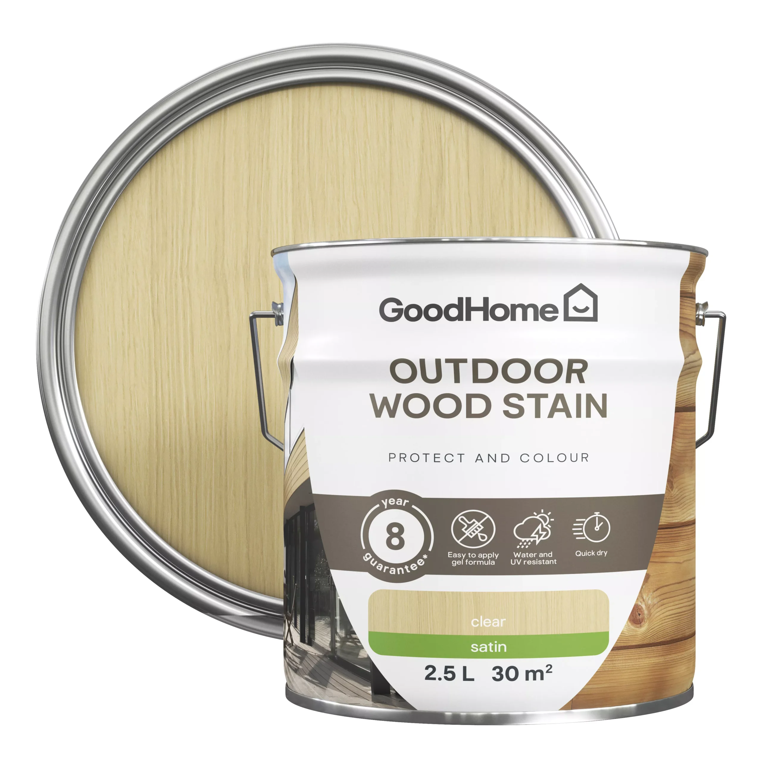 GoodHome Outdoor Clear Satin Quick dry Wood stain, 2.5L GoodHome Outdoor Clear Satin Quick Dry Wood Stain, 2.5L -trade point store goodhome outdoor clear satin quick dry wood stain 2 5l5059340297446 21c scaled