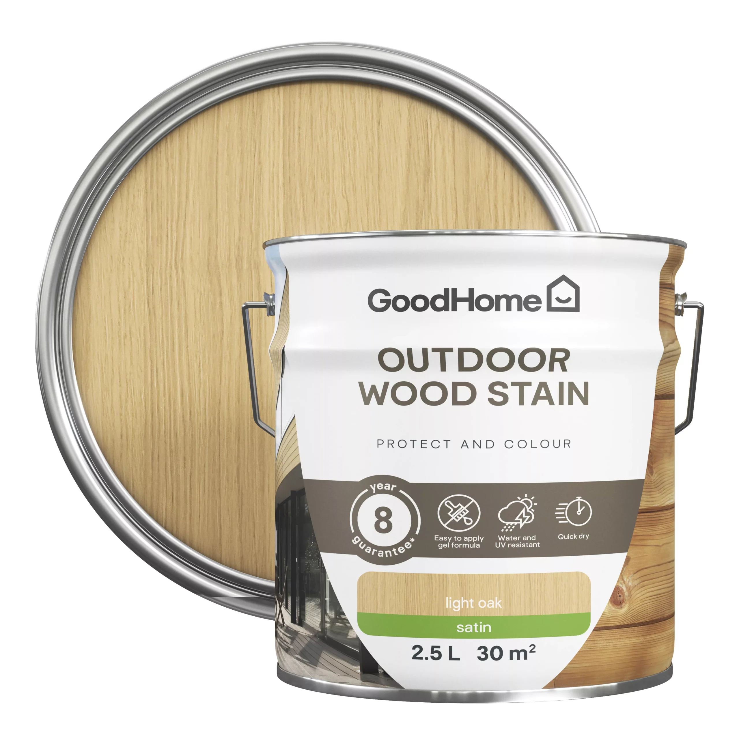 GoodHome Outdoor Light Oak Satin Quick dry Wood stain, 2.5L GoodHome Outdoor Light Oak Satin Quick Dry Wood Stain, 2.5L -trade point store goodhome outdoor light oak satin quick dry wood stain 2 5l5059340297453 21c scaled