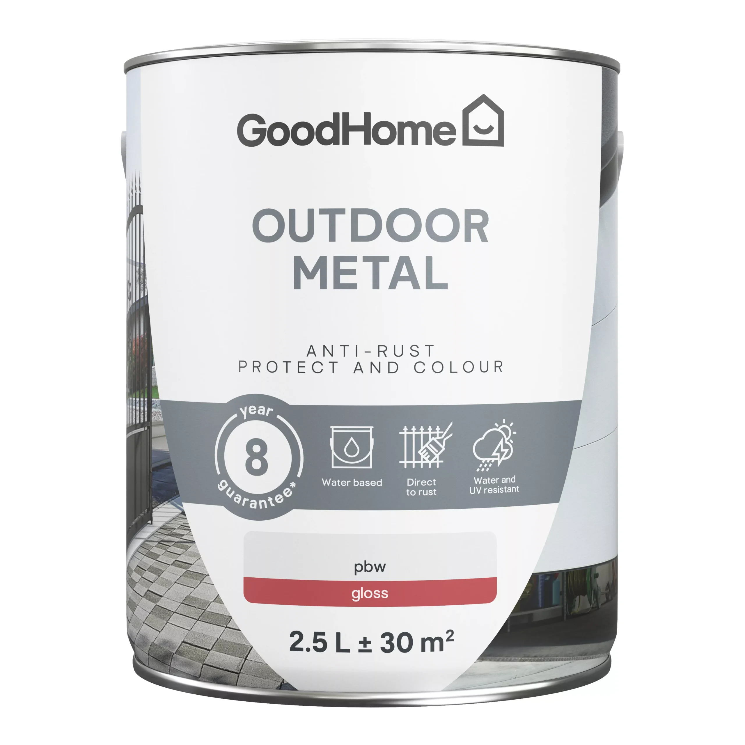 GoodHome Outdoor White Gloss Exterior Metal paint, 2.5L Tin GoodHome Outdoor White Gloss Exterior Metal Paint, 2.5L Tin -trade point store goodhome outdoor white gloss exterior metal paint 2 5l tin5059340296081 02c scaled