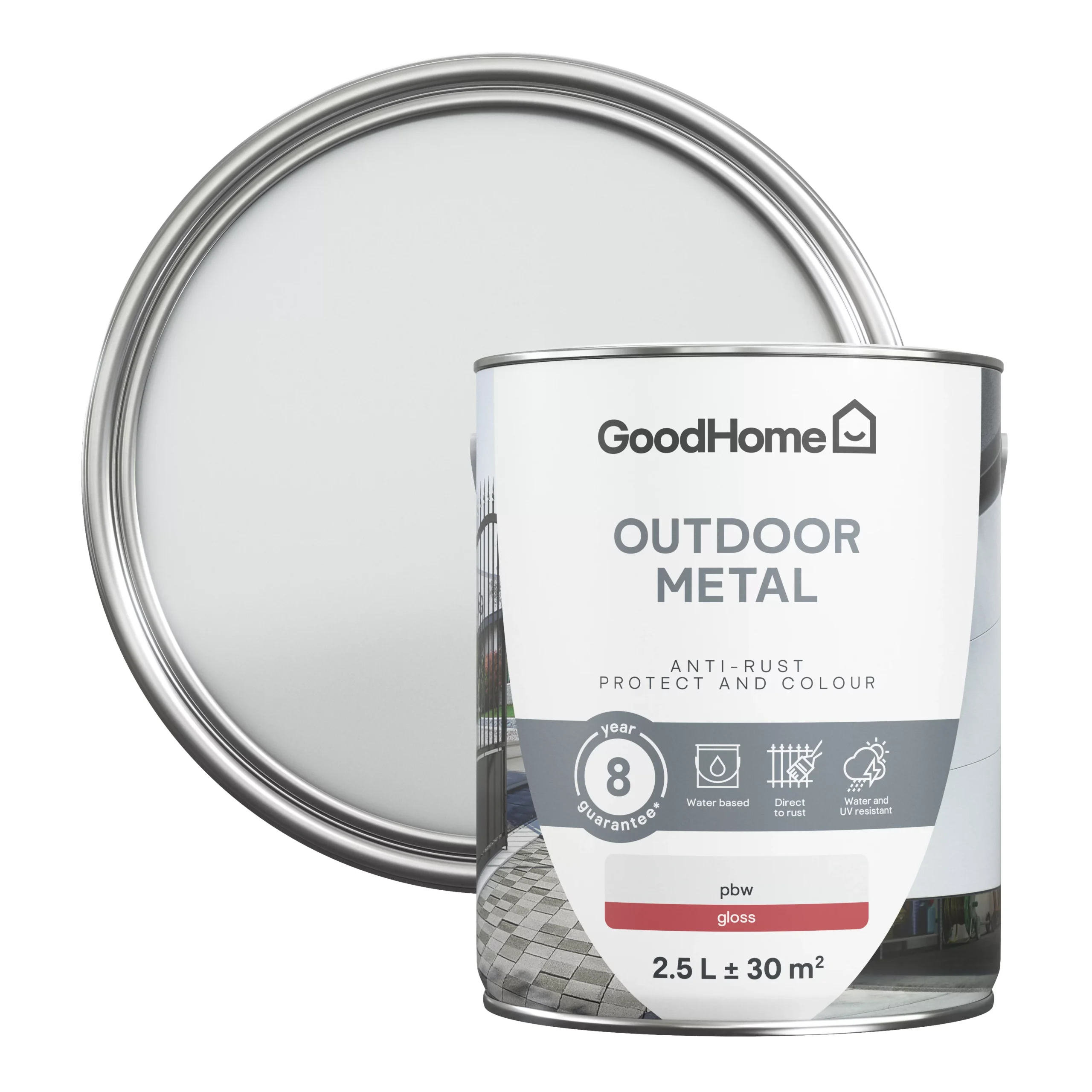 GoodHome Outdoor White Gloss Exterior Metal paint, 2.5L Tin GoodHome Outdoor White Gloss Exterior Metal Paint, 2.5L Tin -trade point store goodhome outdoor white gloss exterior metal paint 2 5l tin5059340296081 21c scaled