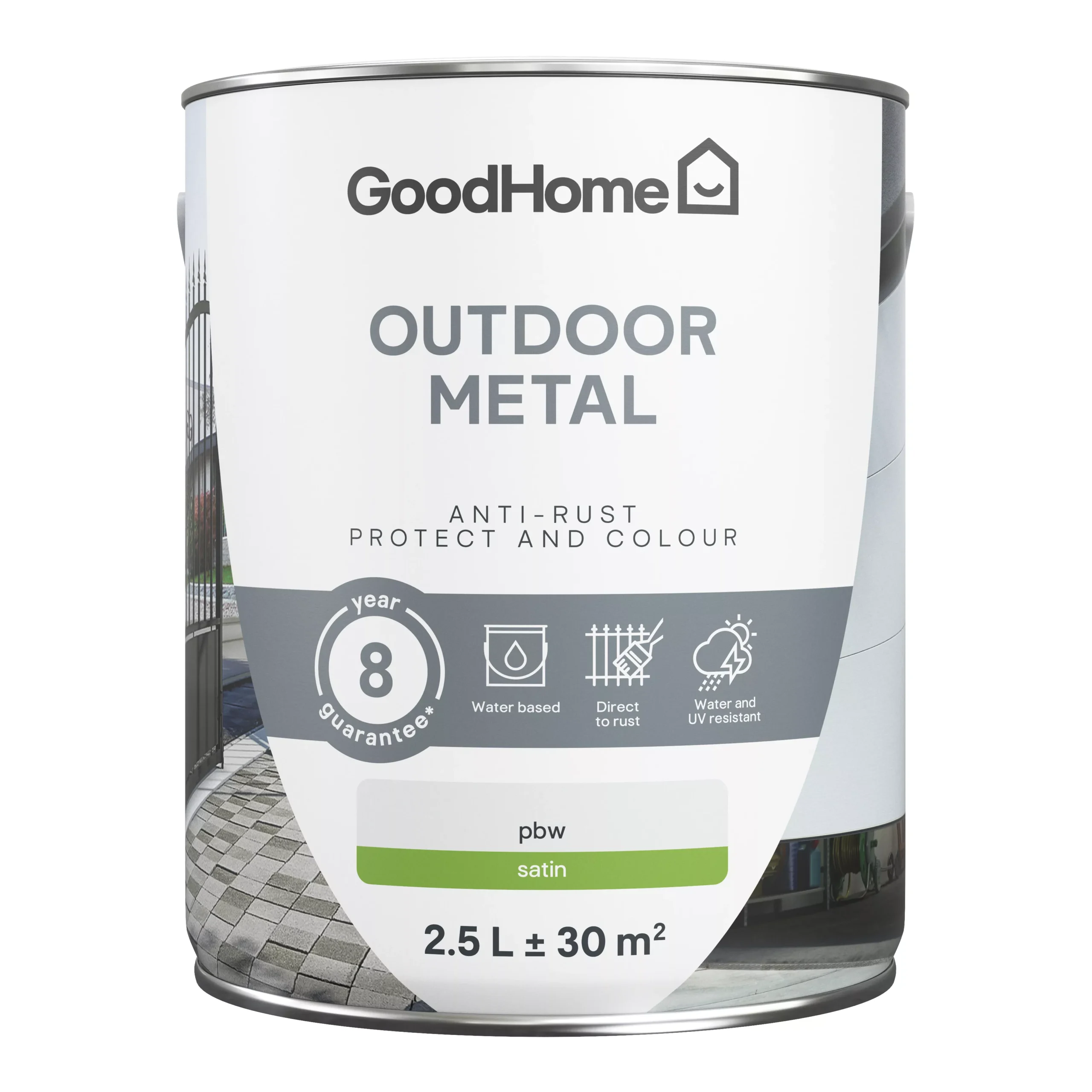 GoodHome Outdoor White Satinwood Exterior Metal paint, 2.5L Tin GoodHome Outdoor White Satinwood Exterior Metal Paint, 2.5L Tin -trade point store goodhome outdoor white satinwood exterior metal paint 2 5l tin5059340296111 02c scaled