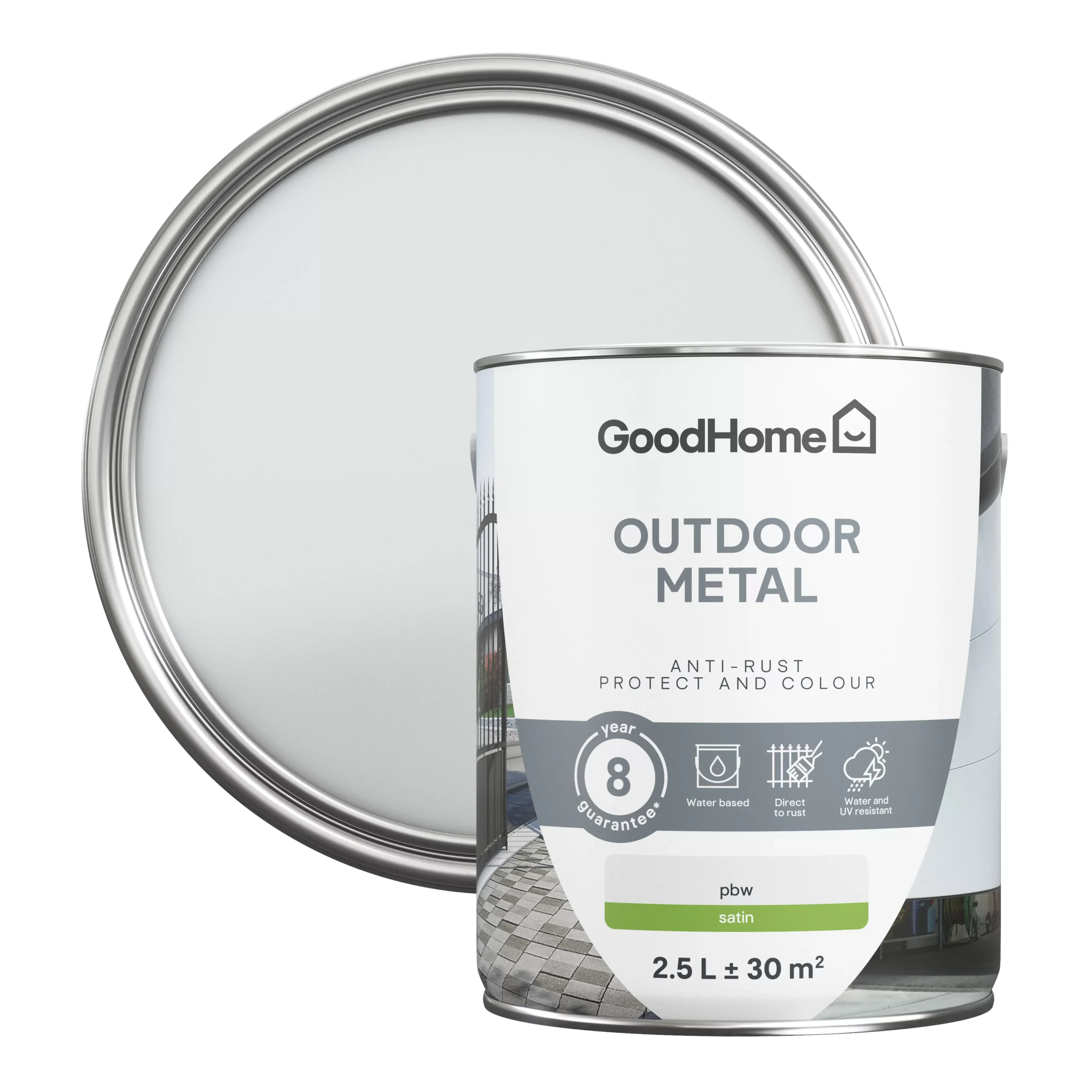 GoodHome Outdoor White Satinwood Exterior Metal paint, 2.5L Tin GoodHome Outdoor White Satinwood Exterior Metal Paint, 2.5L Tin -trade point store goodhome outdoor white satinwood exterior metal paint 2 5l tin5059340296111 21c scaled