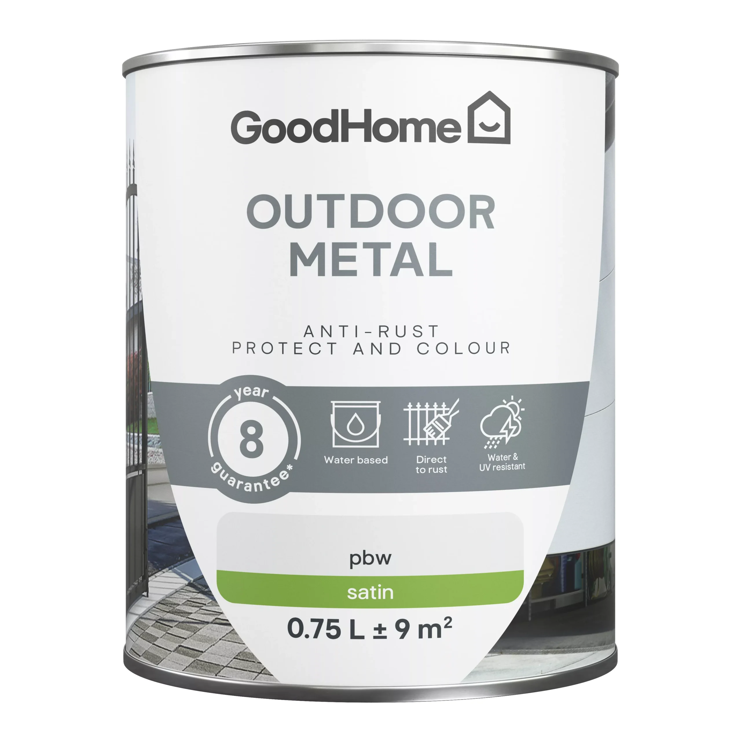 GoodHome Outdoor White Satinwood Exterior Metal paint, 750ml Tin GoodHome Outdoor White Satinwood Exterior Metal Paint, 750ml Tin -trade point store goodhome outdoor white satinwood exterior metal paint 750ml tin5059340296067 02c scaled