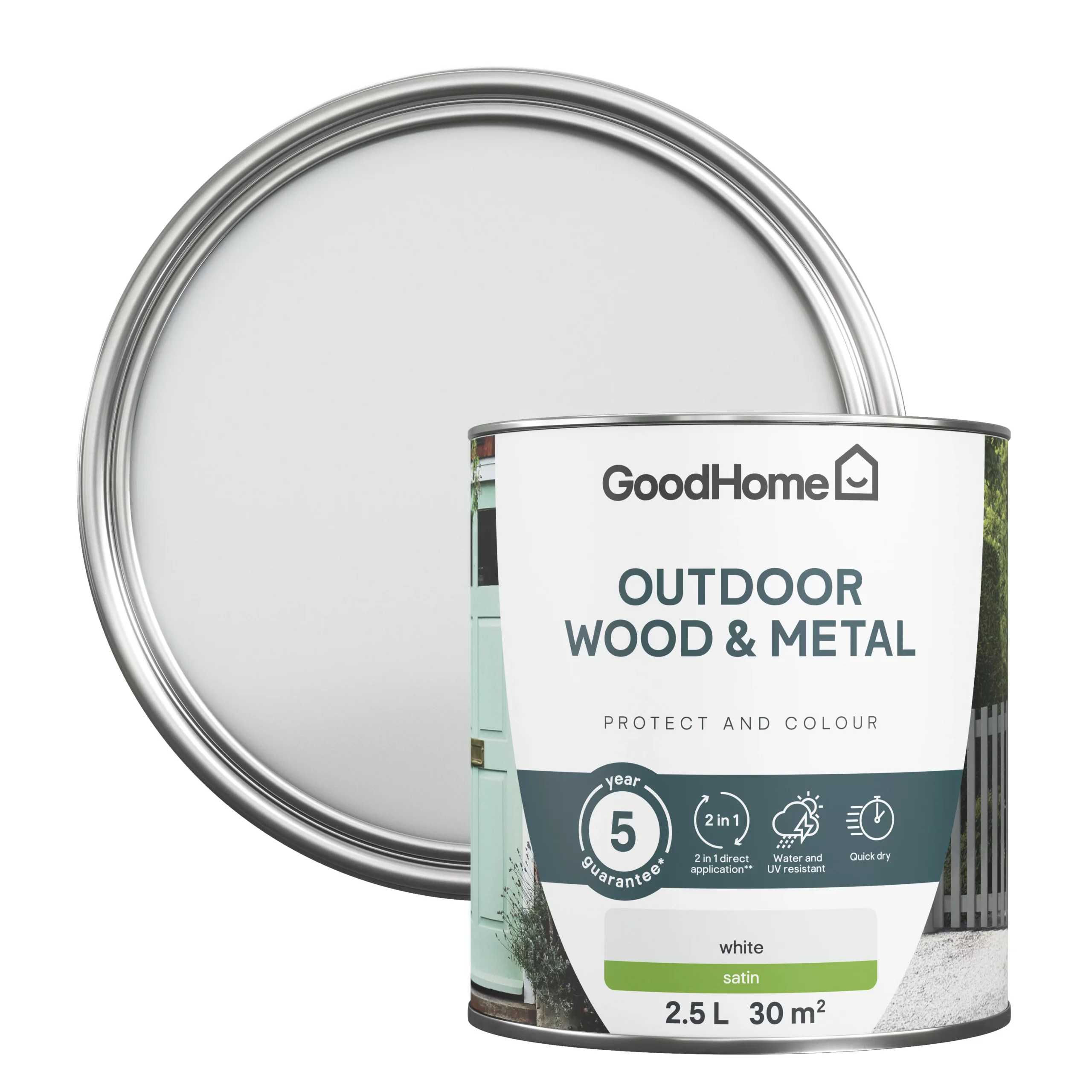 GoodHome Outdoor White Satinwood Multi-surface paint, 2.5L GoodHome Outdoor White Satinwood Multi-surface Paint, 2.5L -trade point store goodhome outdoor white satinwood multi surface paint 2 5l5059340297002 21c scaled