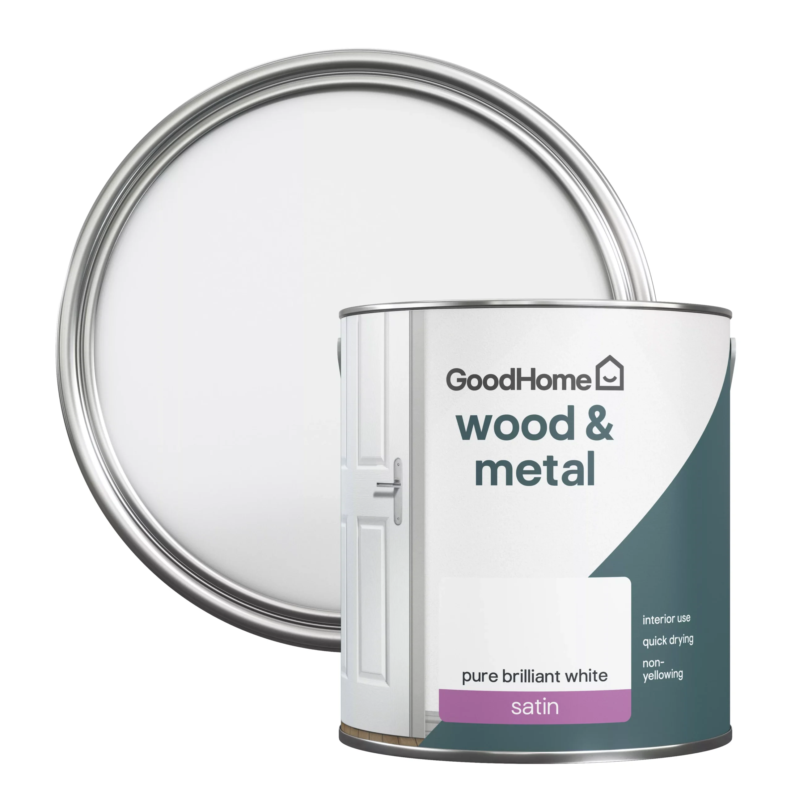 GoodHome Pure Brilliant White Satinwood Metal & wood paint, 2.5L GoodHome Pure Brilliant White Satinwood Metal & Wood Paint, 2.5L -trade point store goodhome pure brilliant white satinwood metal wood paint 2 5l5059340285511 21c scaled