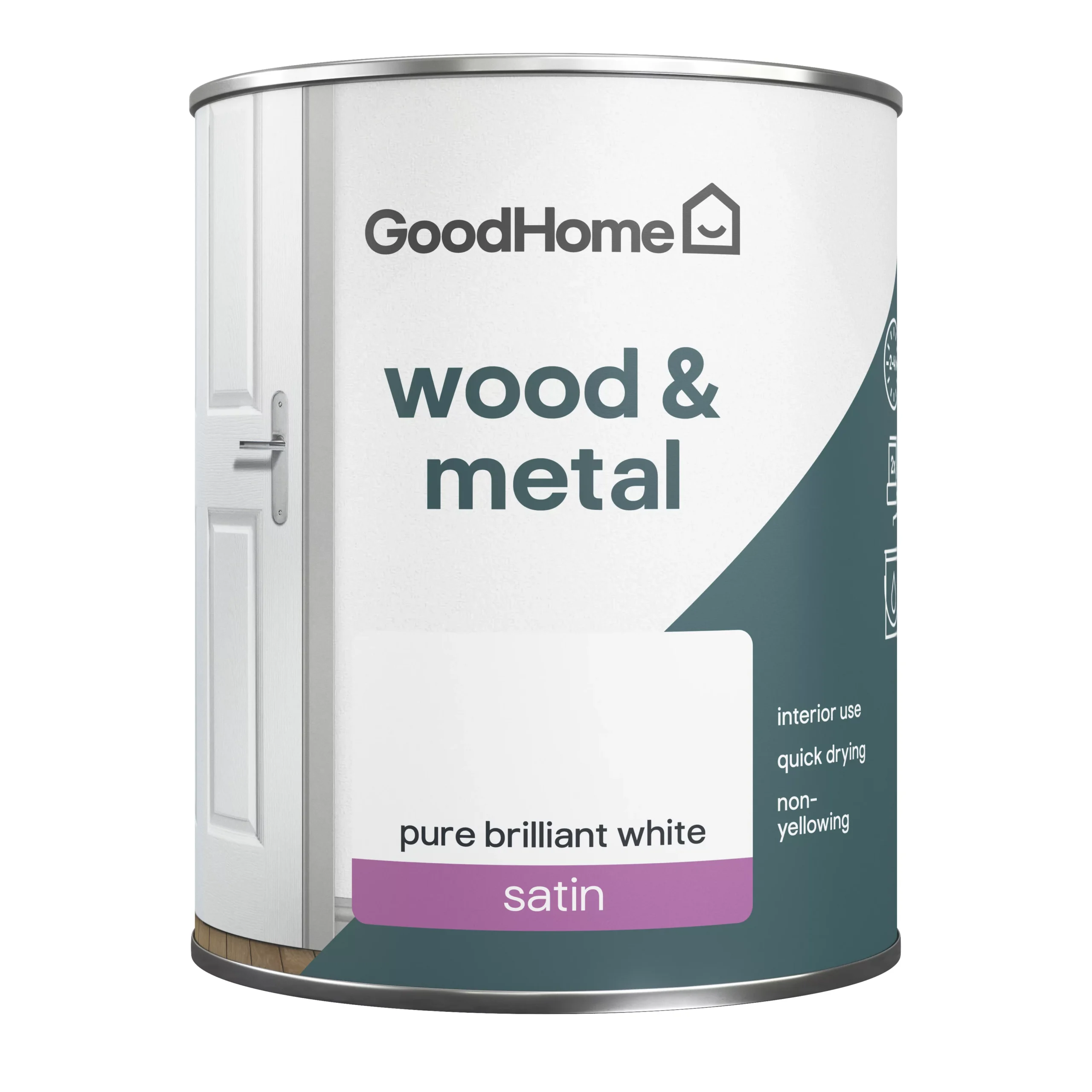 GoodHome Pure Brilliant White Satinwood Metal & wood paint, 750ml GoodHome Pure Brilliant White Satinwood Metal & Wood Paint, 750ml -trade point store goodhome pure brilliant white satinwood metal wood paint 750ml5059340285269 02c scaled