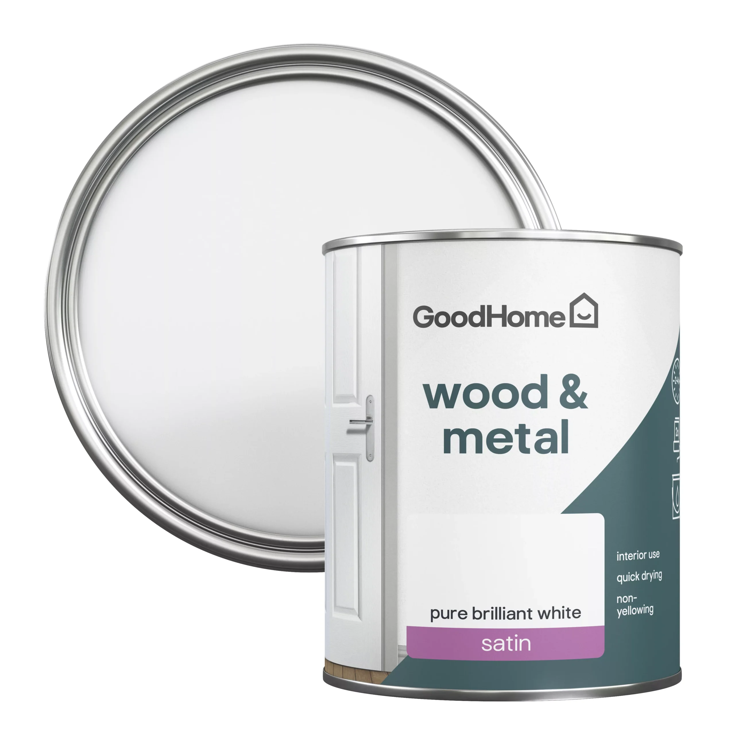 GoodHome Pure Brilliant White Satinwood Metal & wood paint, 750ml GoodHome Pure Brilliant White Satinwood Metal & Wood Paint, 750ml -trade point store goodhome pure brilliant white satinwood metal wood paint 750ml5059340285269 21c scaled