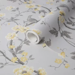 GoodHome Sandridge Grey & Yellow Floral Metallic Effect Smooth Wallpaper