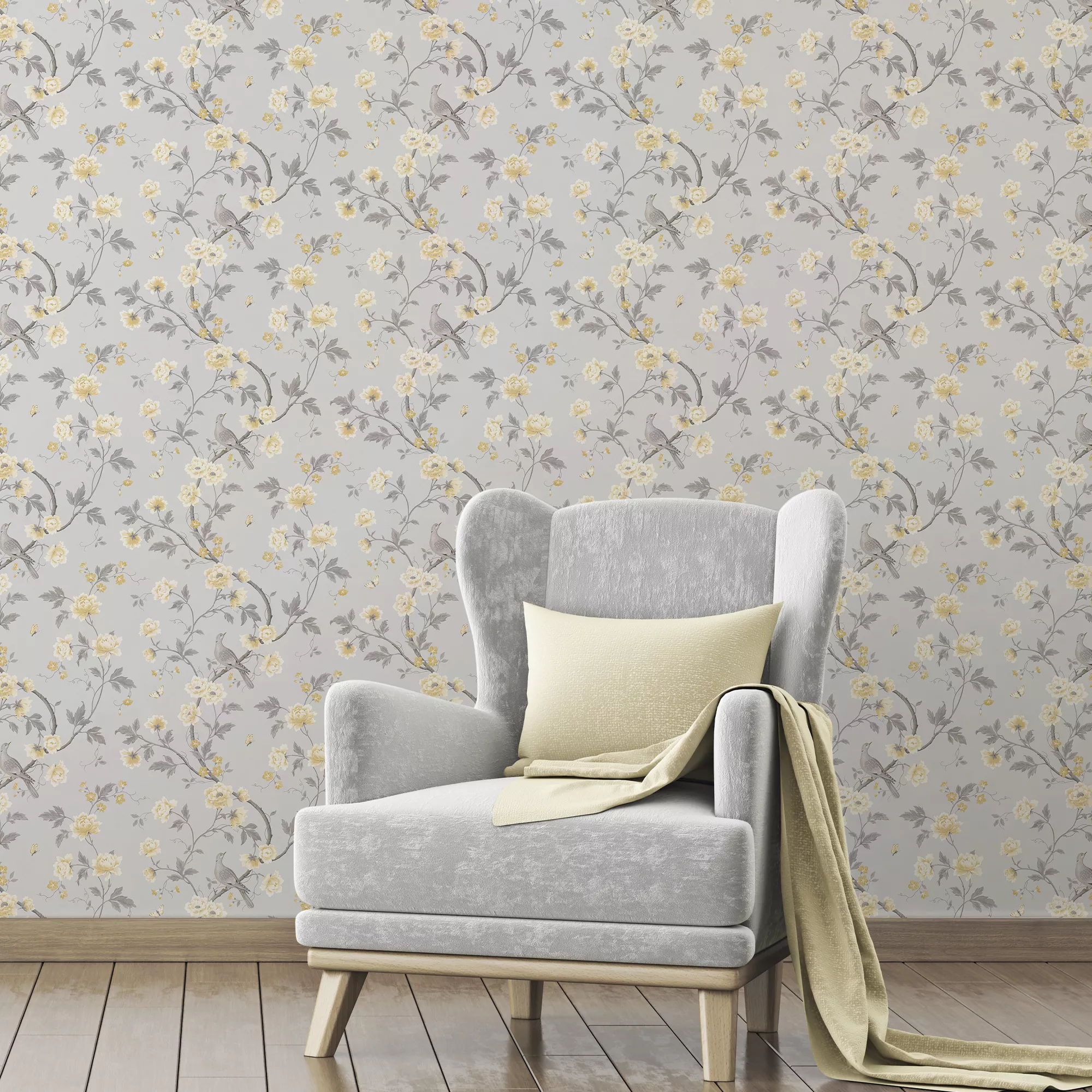 GoodHome Sandridge Grey & yellow Floral Metallic effect Smooth Wallpaper GoodHome Sandridge Grey & Yellow Floral Metallic Effect Smooth Wallpaper -trade point store goodhome sandridge grey yellow floral metallic effect smooth wallpaper5059340433455 20i